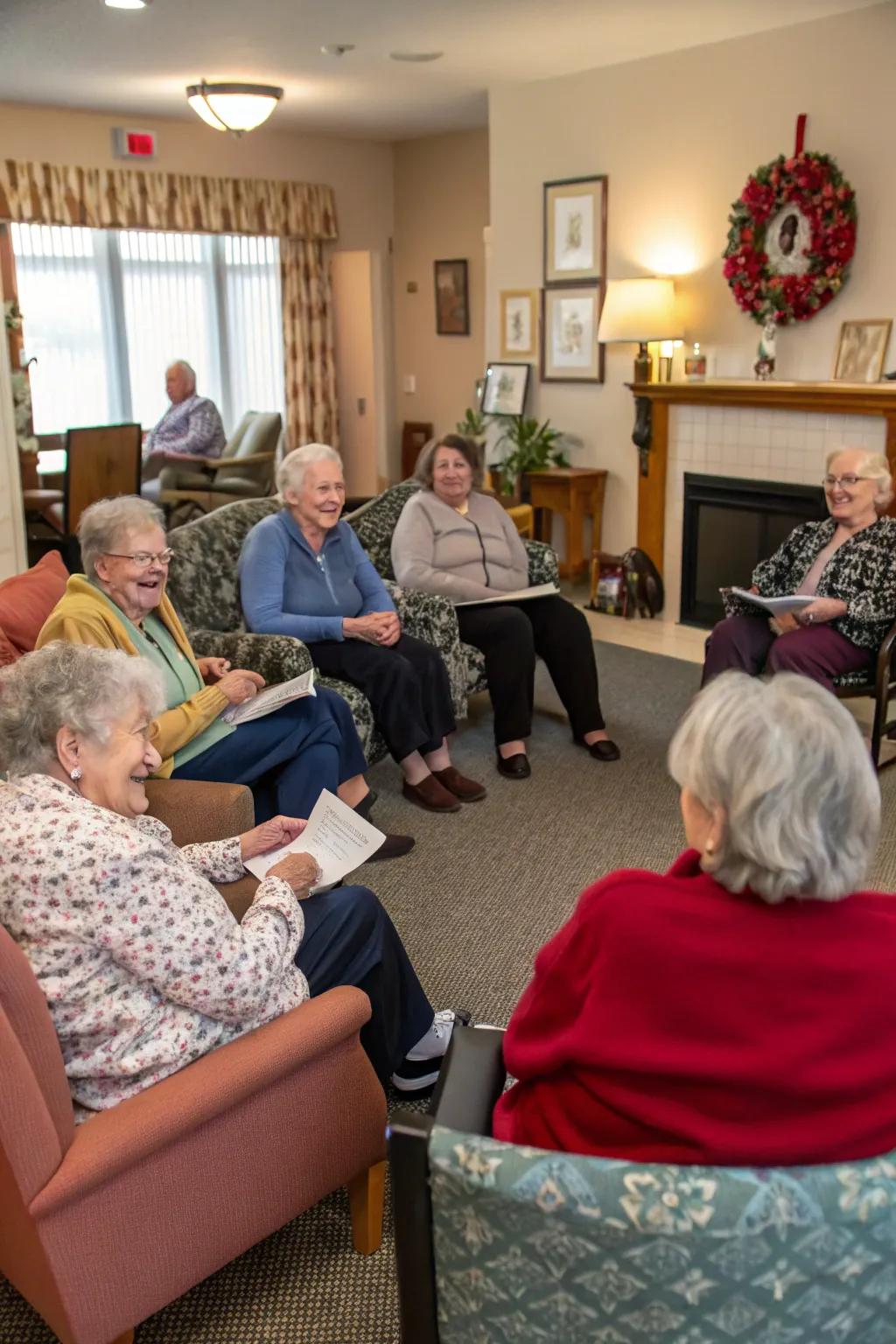 Residents sharing treasured affection stories in a snug circle.