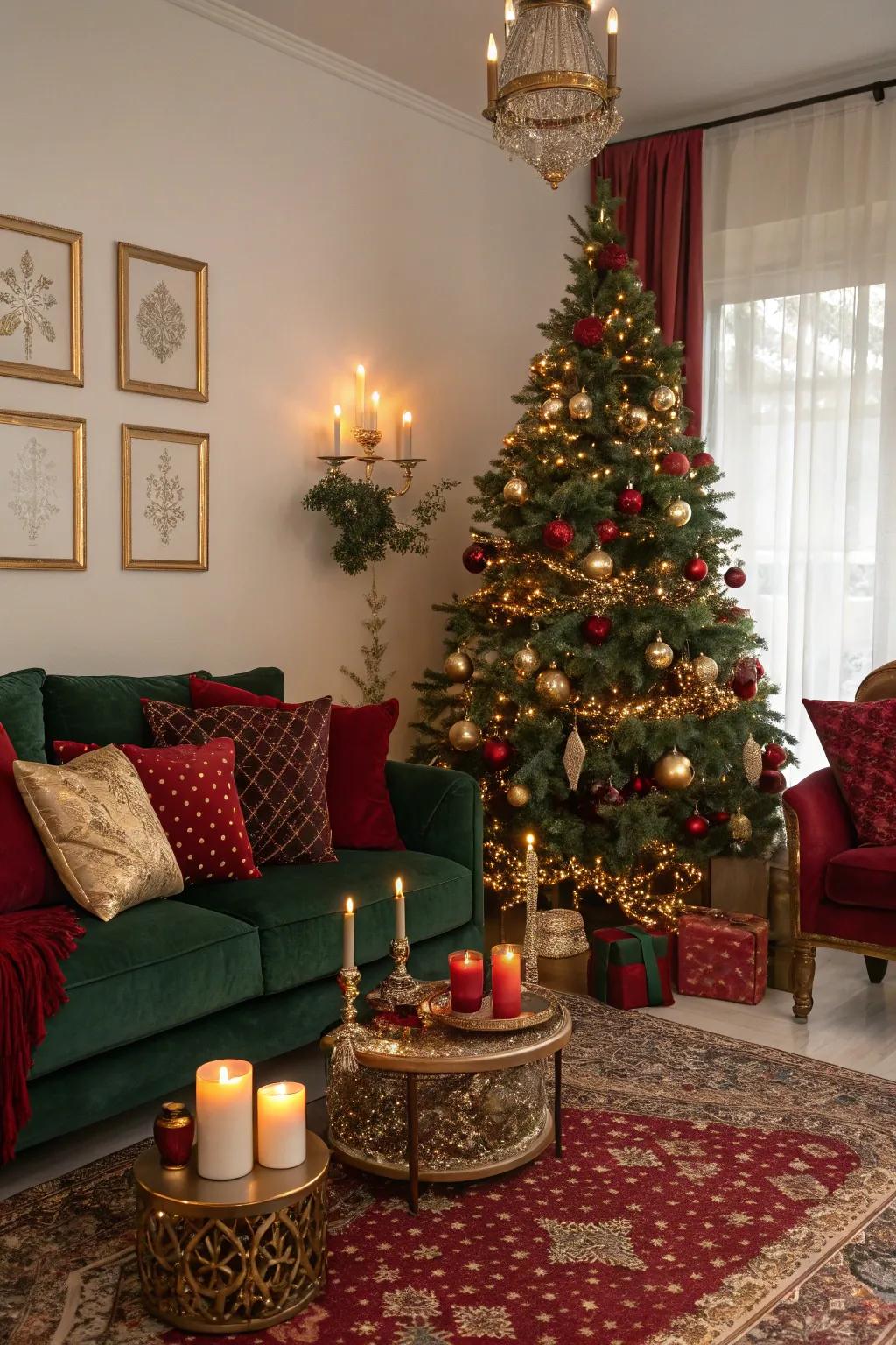 Traditional hues engender a cordial and celebratory holiday atmosphere.
