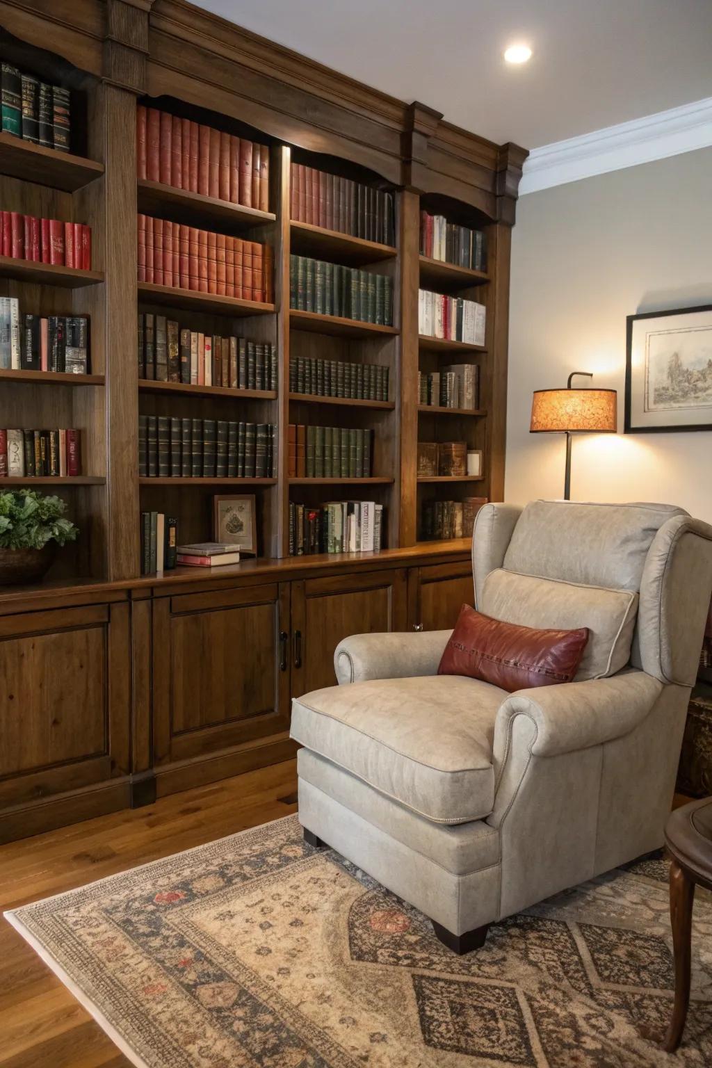 Bookshelves enrich the living room with intellectual charm.