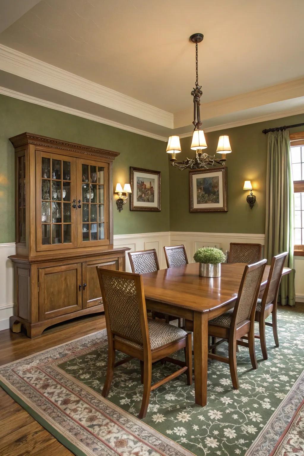 Dining becomes an experience in this olive green dining room.