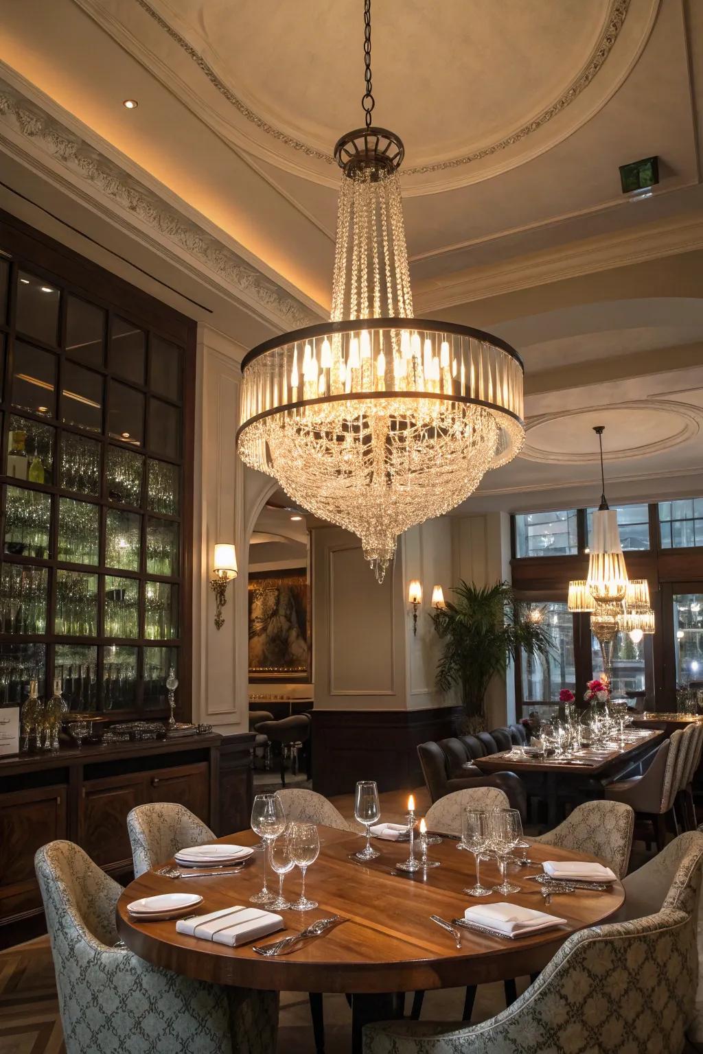 A feasting zone enhanced through a gorgeous chandelier and hanging illuminations.