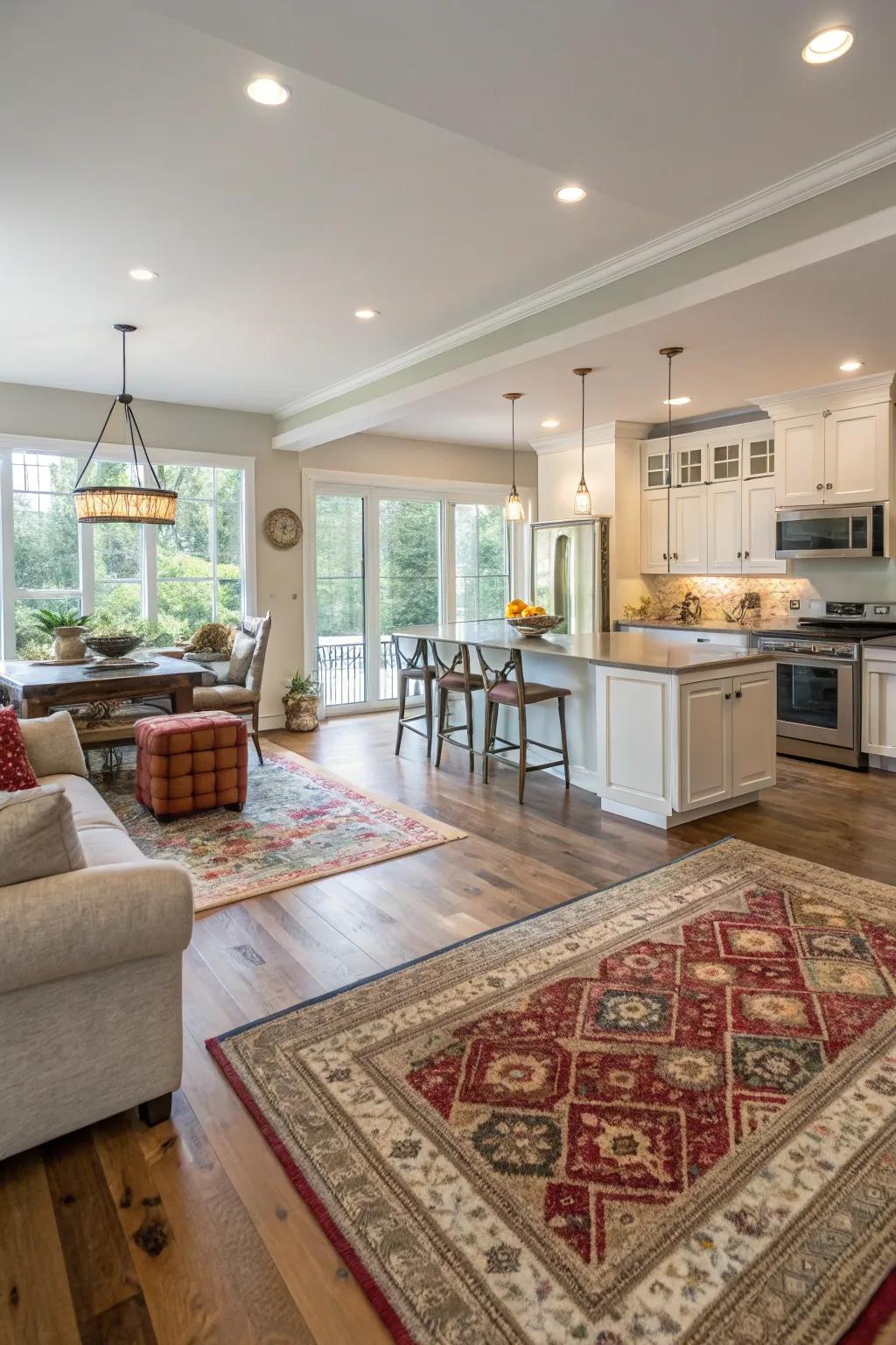 Carpets effectively define areas in this open kitchen and living space.