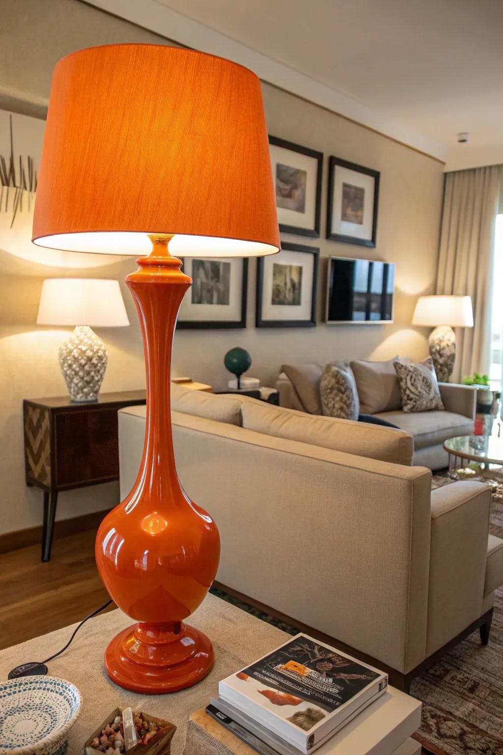 A modern orange lamp infuses the living room with warmth and style.