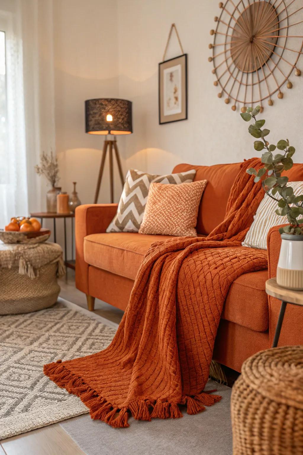 An inviting atmosphere is created by textured layers of orange and plush decor.