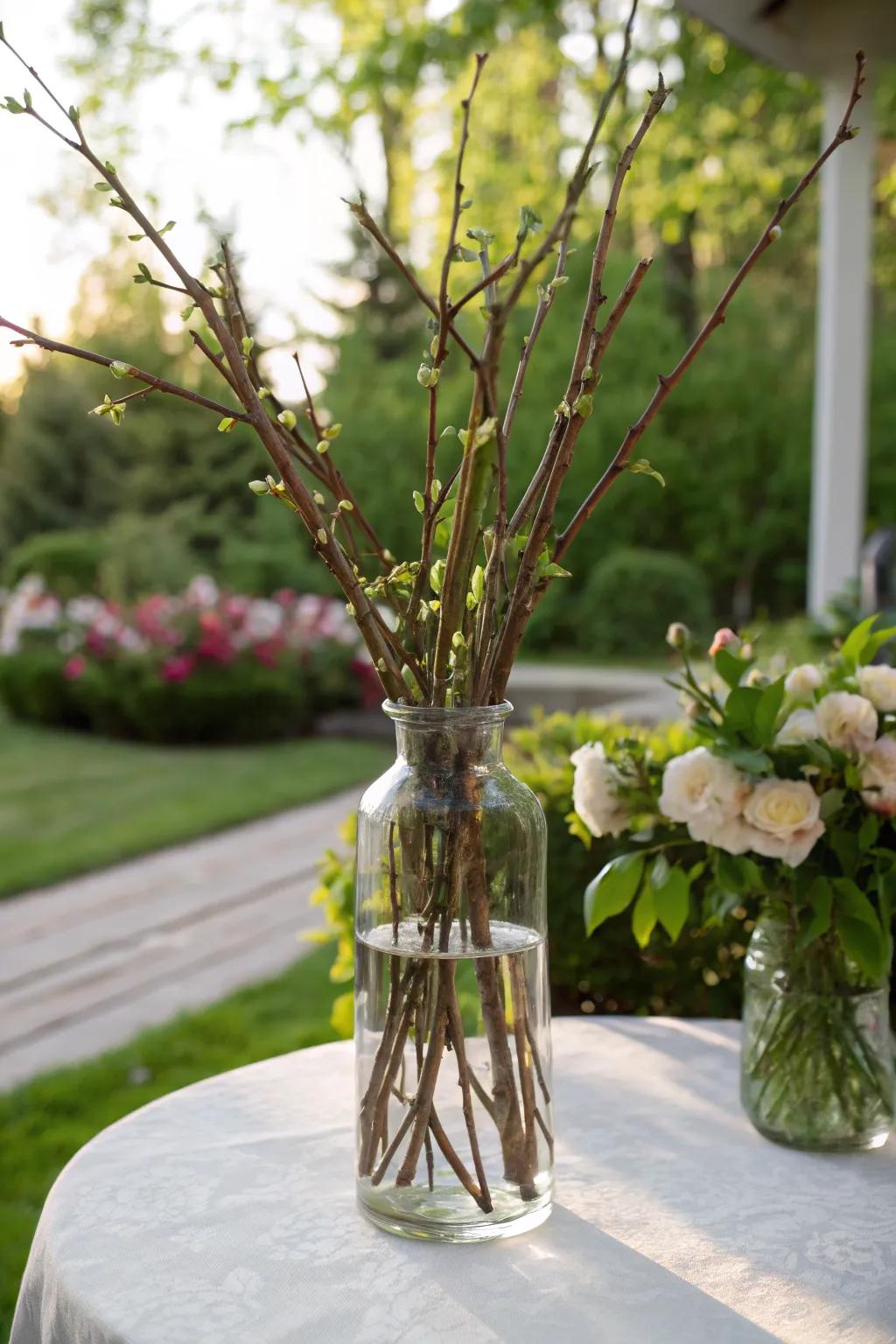 Cut branches in a vase fashion a straightforward yet striking centerpiece.