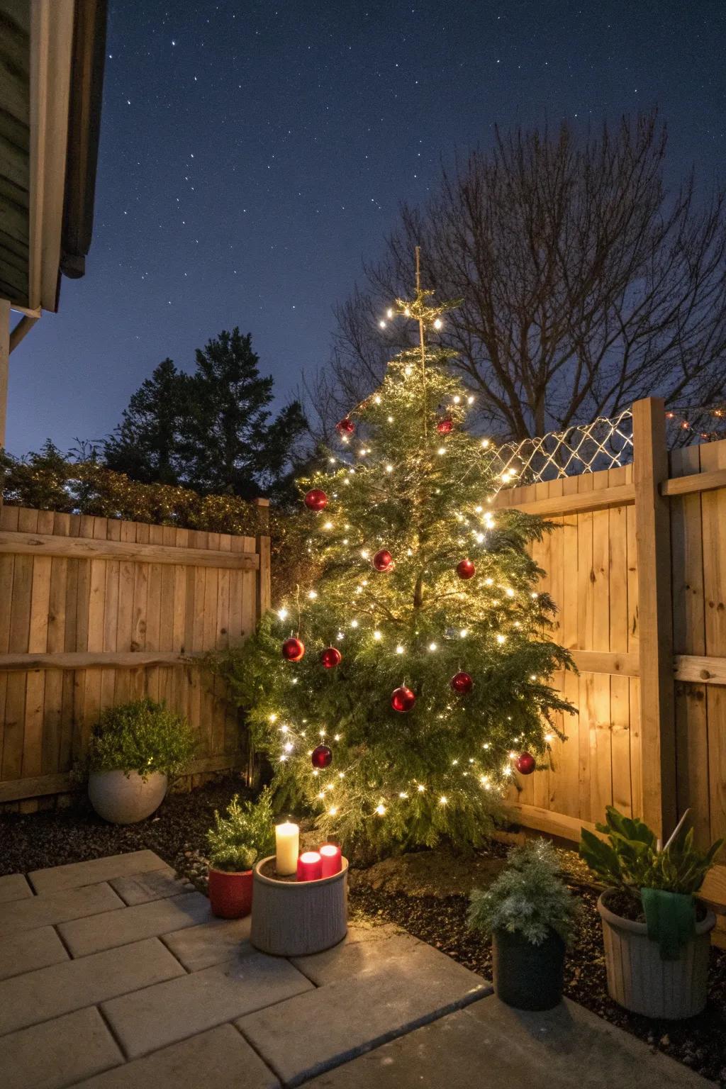 Create an outdoor focal point with a festive decorated tree.