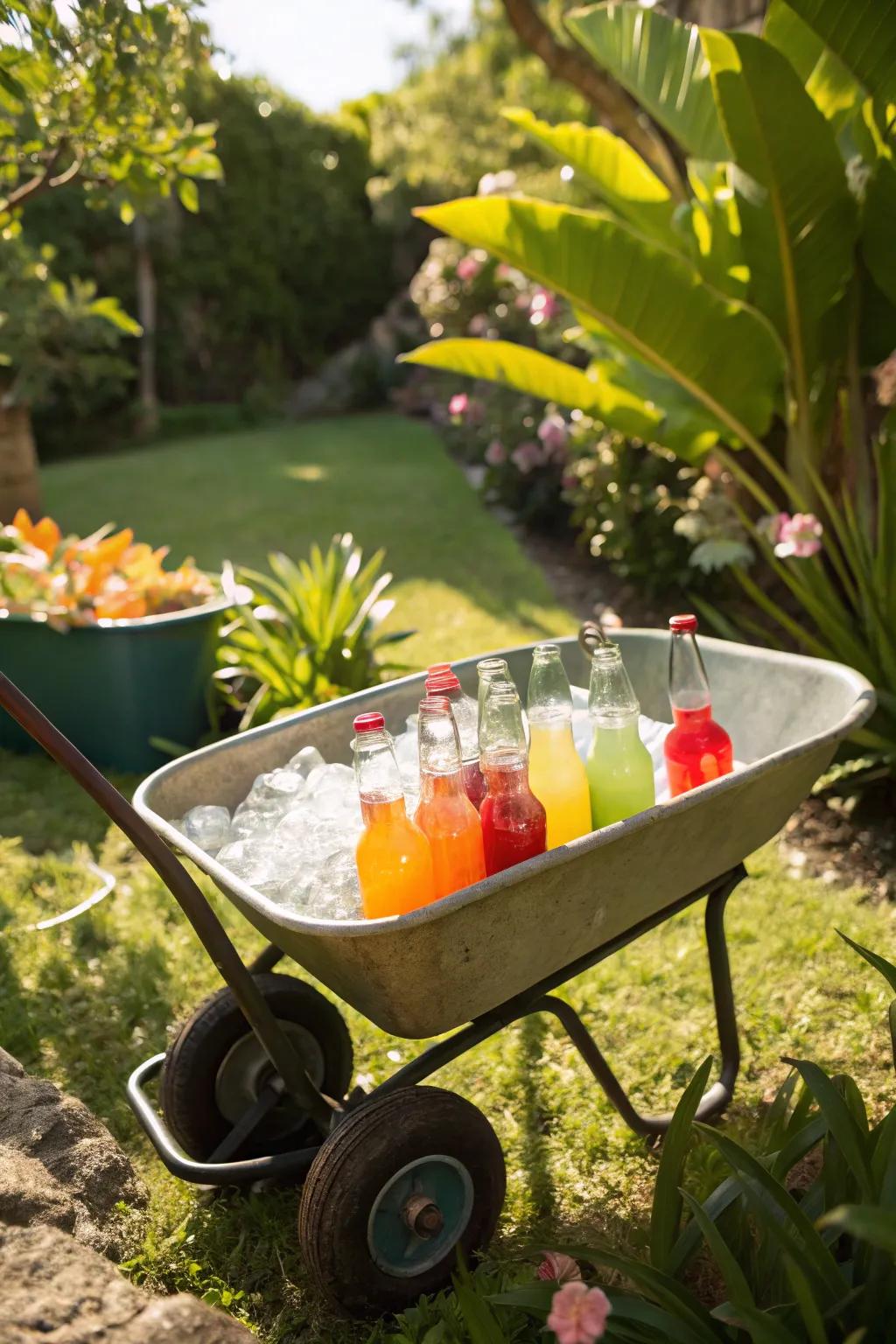 A garden cart bar incorporates a whimsical touch to your open-air event.