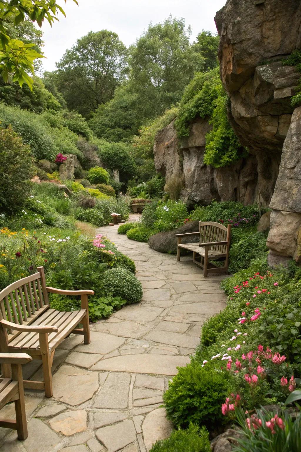 Organic elements like wood and stone enrich garden texture.