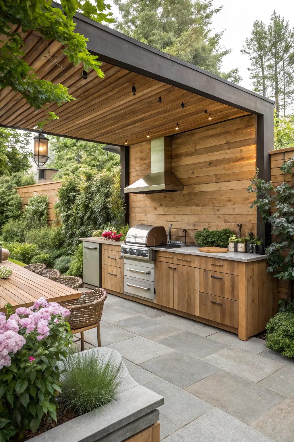 Wood panel backsplashes bring natural warmth and harmony to outdoor kitchens.