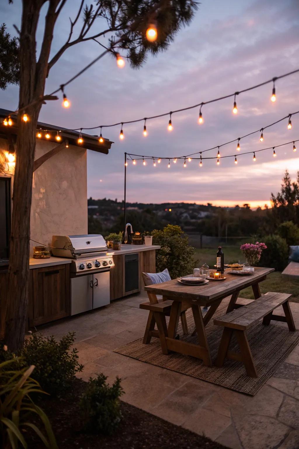 Filament lights contribute a trace of enchantment to your outdoor cooking space.