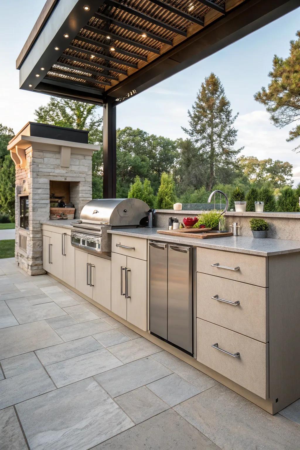 An outdoor kitchen island offering extensive storage via elegant cabinets and drawers.