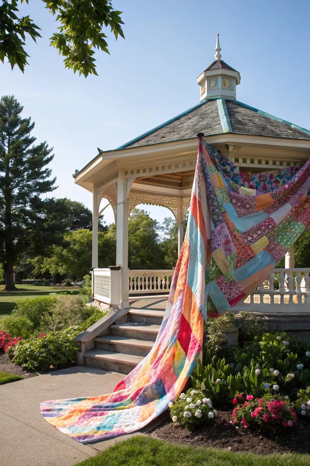 Draped fabrics create a vibrant and inviting canopy in the park.