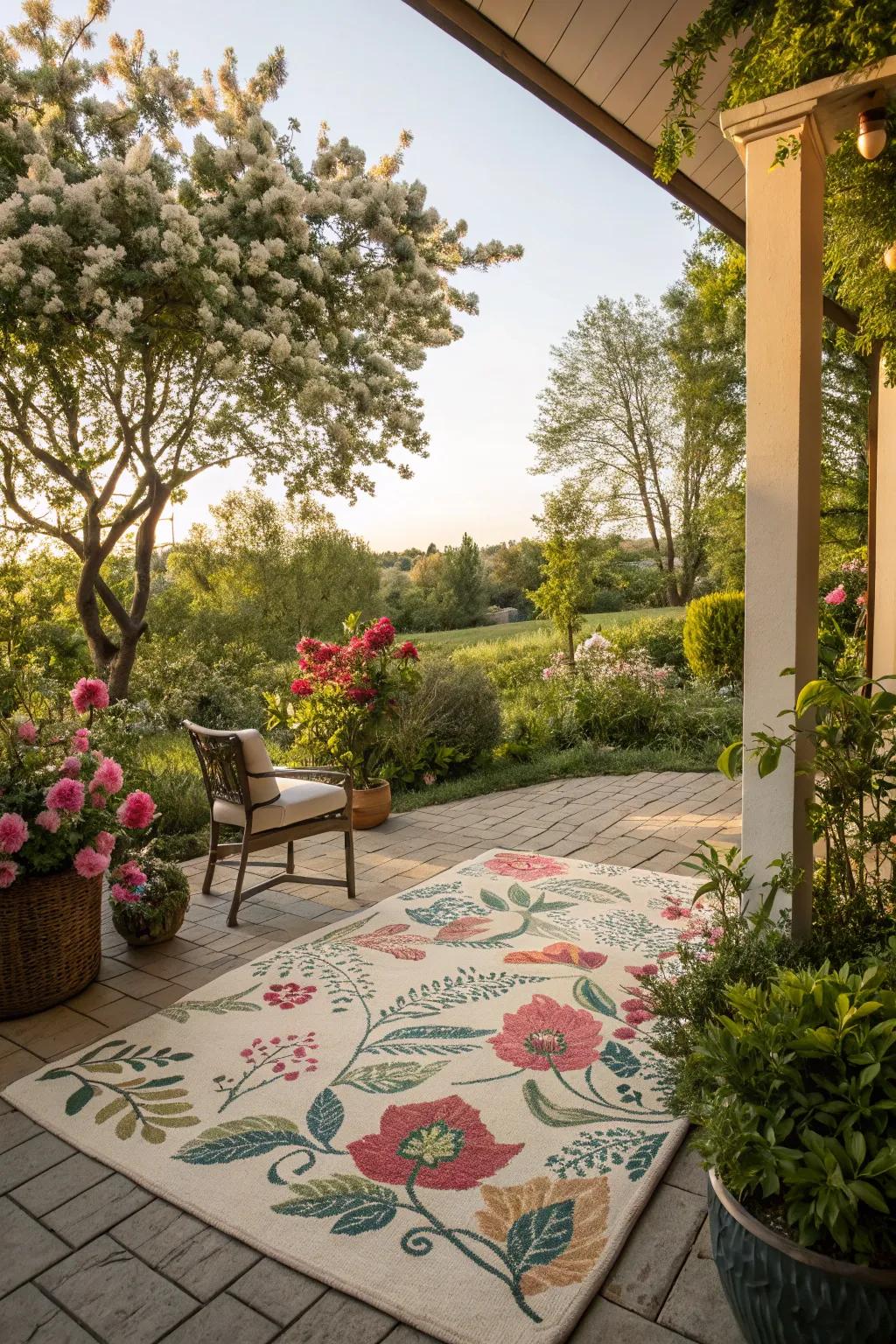 Transporting garden beauty to your patio using botanical motifs.