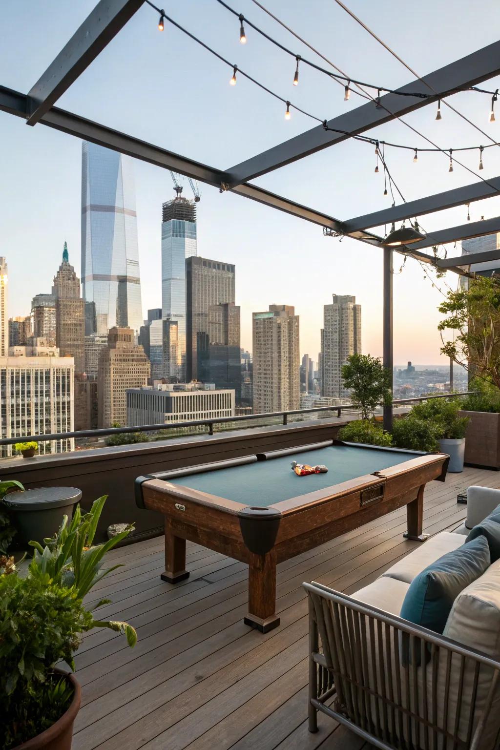 A rooftop deck showcasing a pool table complete with striking cityscape panoramas.