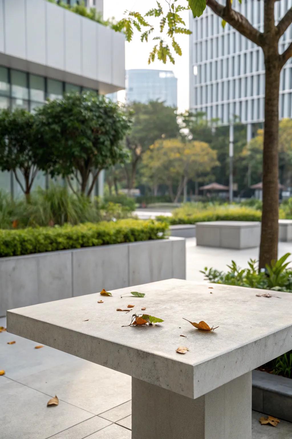Solidified mixture table tops are adaptable and contribute a minimalist flair to your patio.