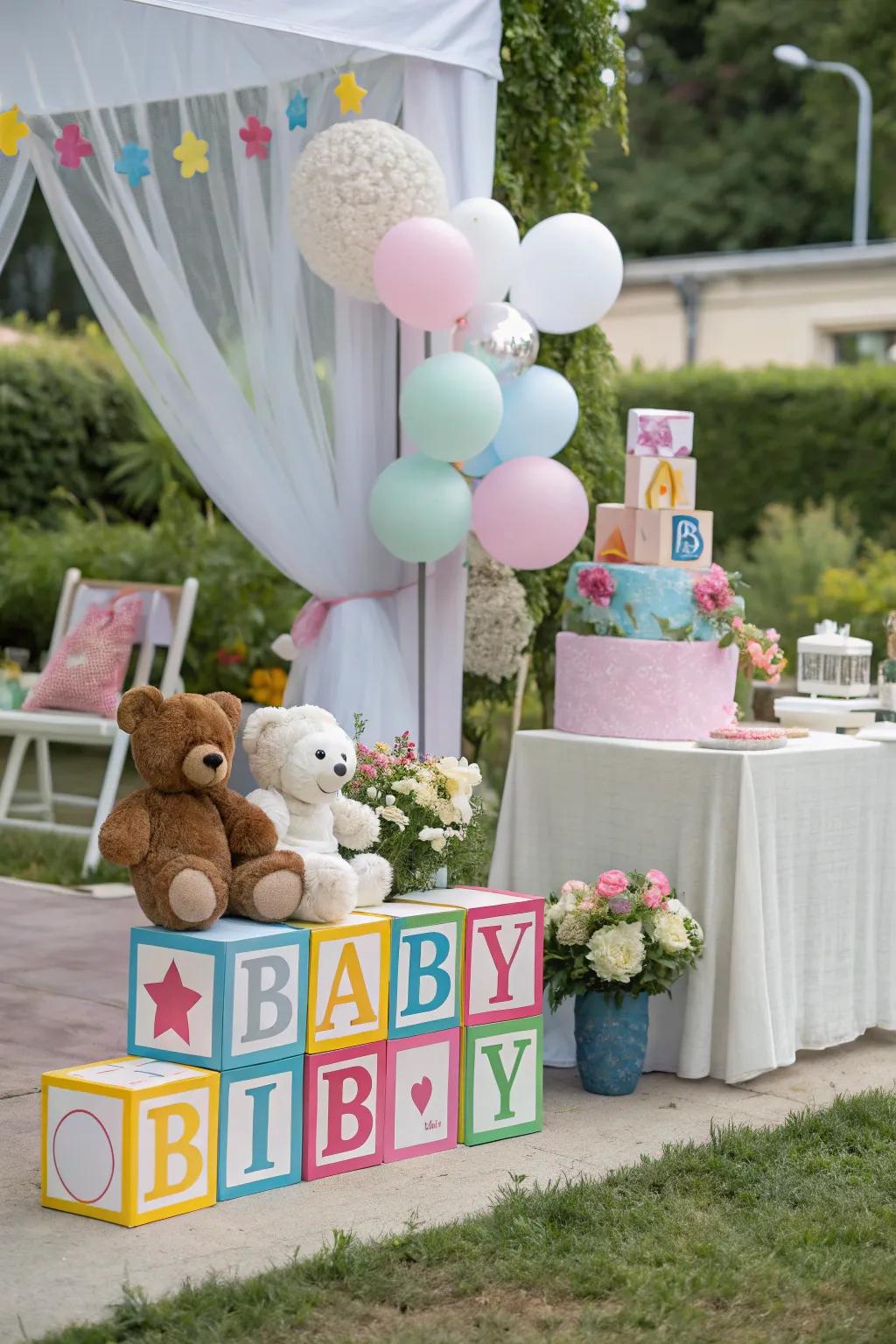 Adorable baby-themed decorations add charm to the outdoor setup.
