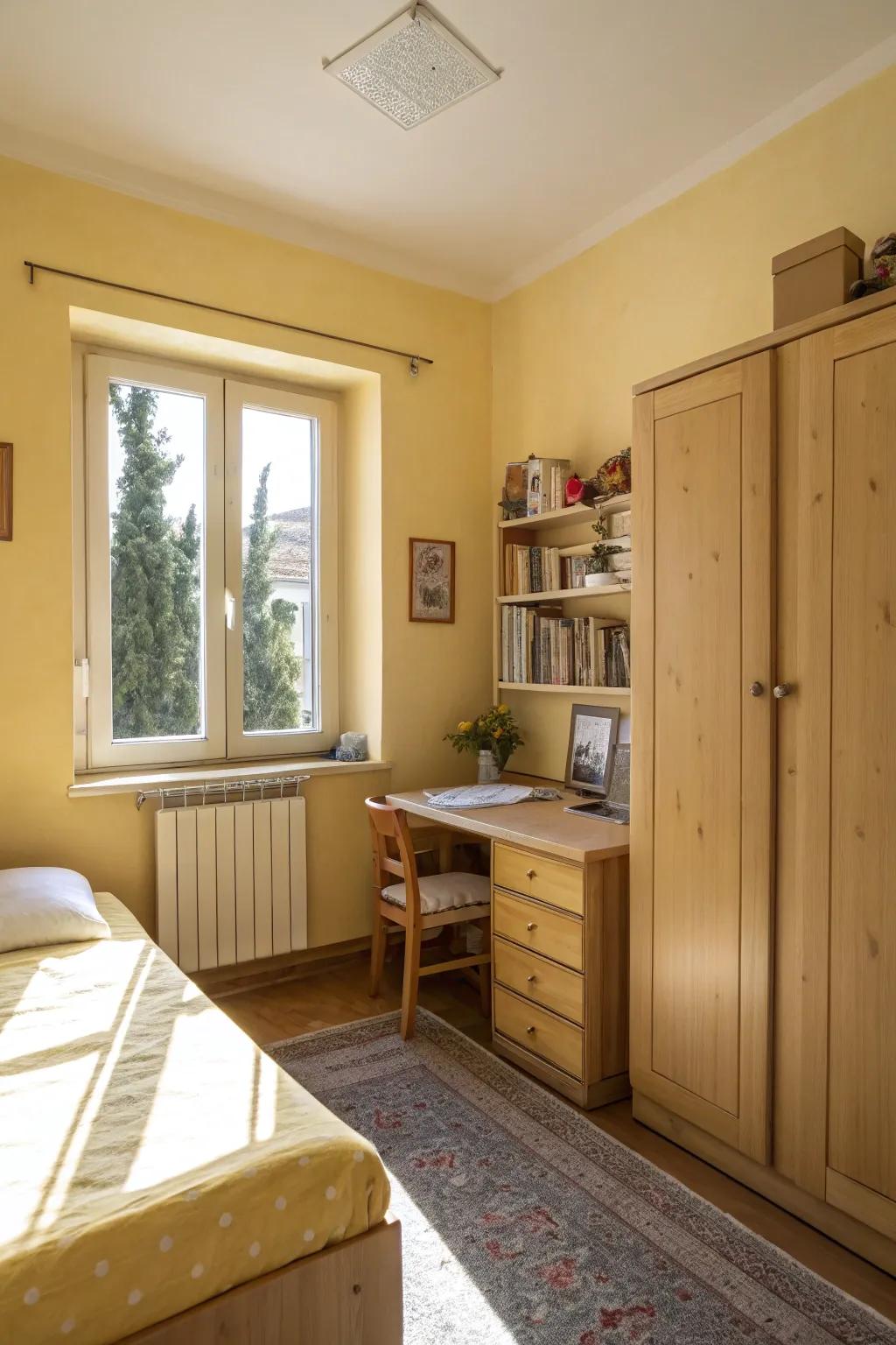Yellow shades bring warmth and cheerfulness to compact spaces.