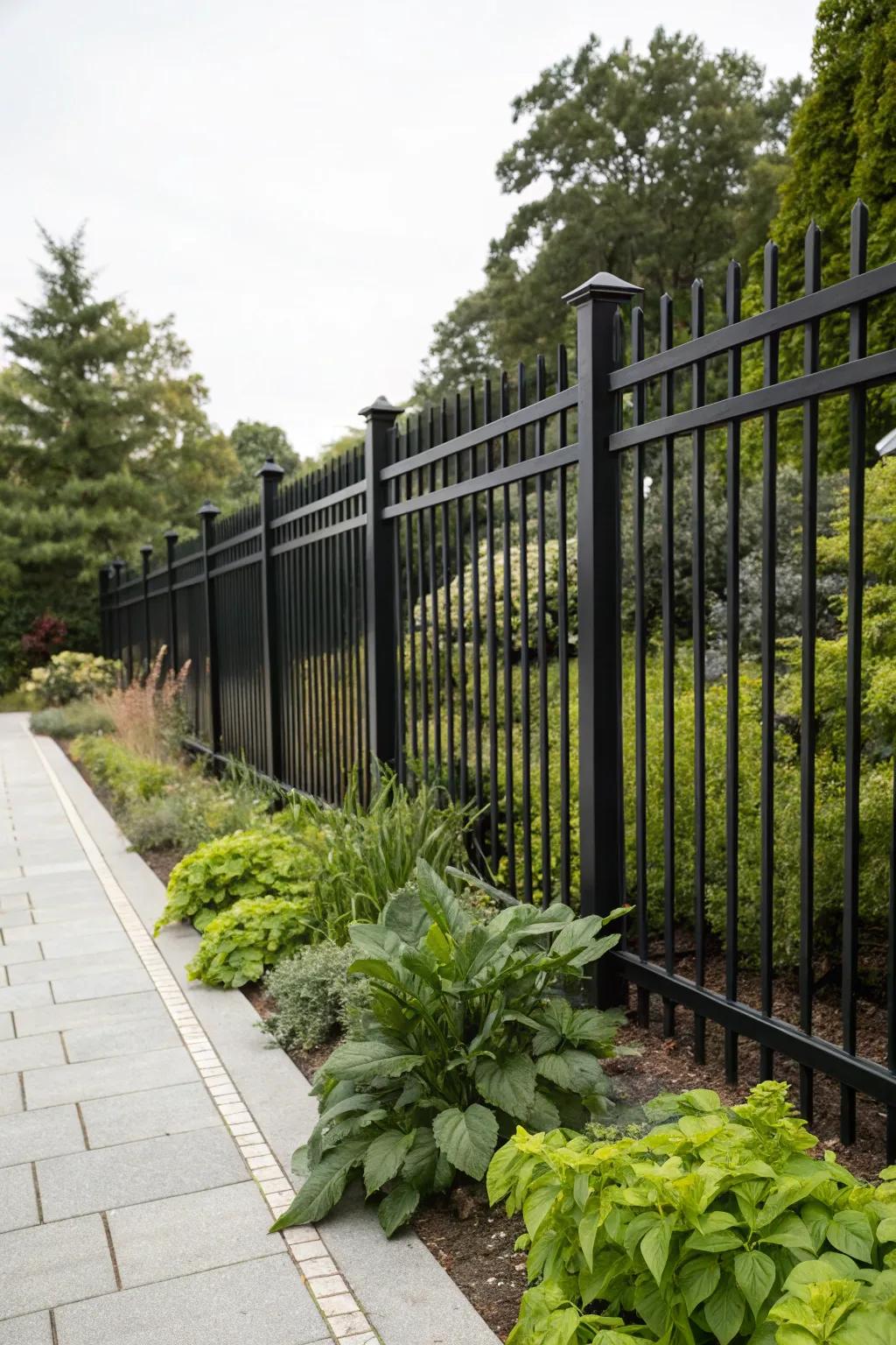 Black fences dramatically highlight the vibrancy of surrounding greenery.