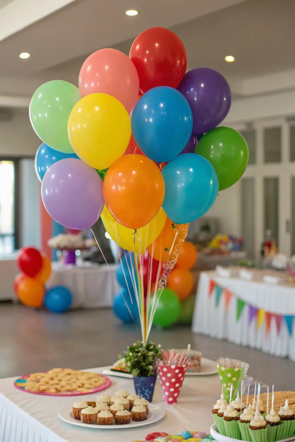 A jubilant air orb centerpiece echoing the party's color theme.