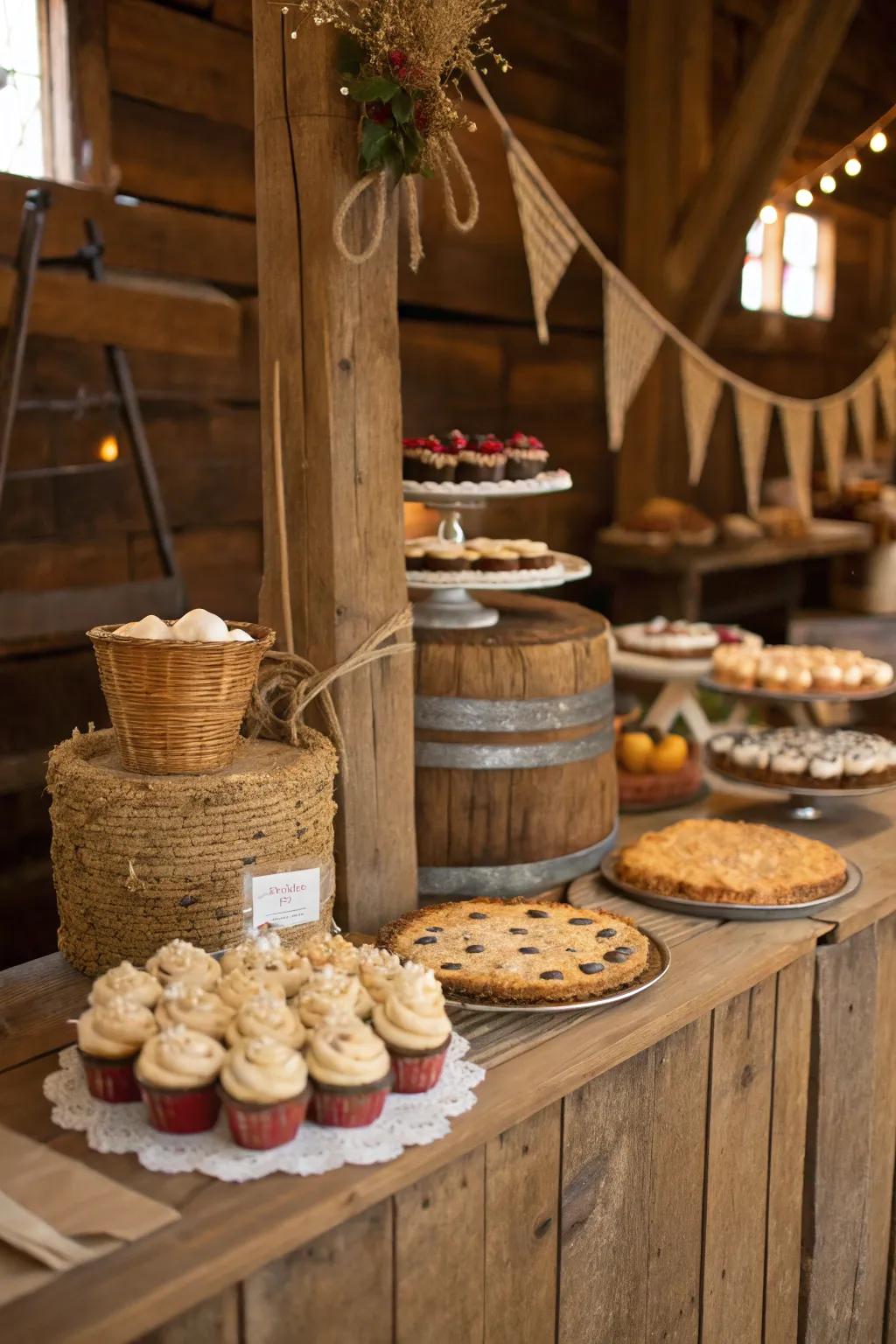 Natural timber accents infusing charm and coziness into the dessert table.