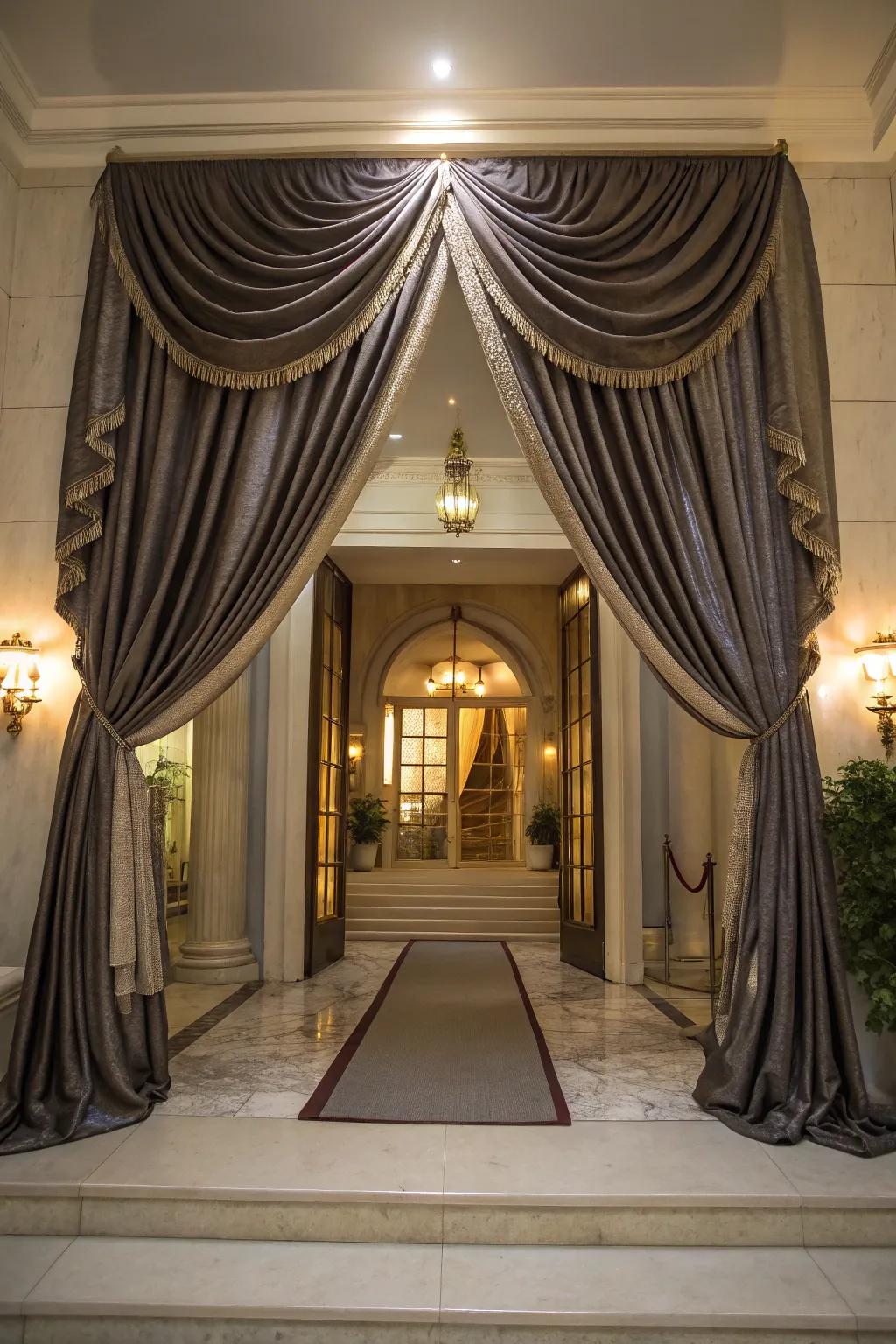 Sumptuous fabric drapes impart an air of sophistication and grace to your entryway.