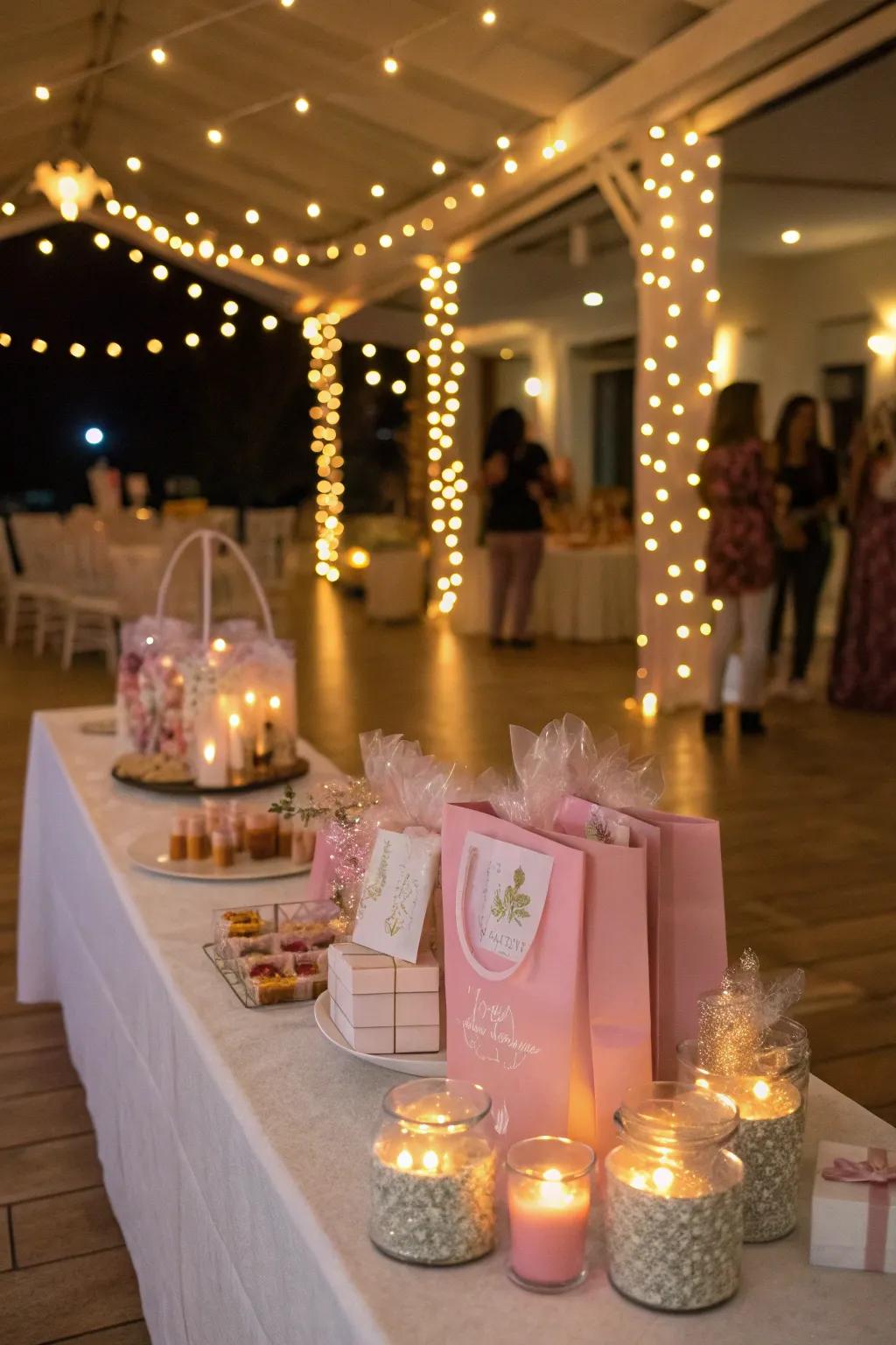 A party favor table aglow with magical fairy lights.