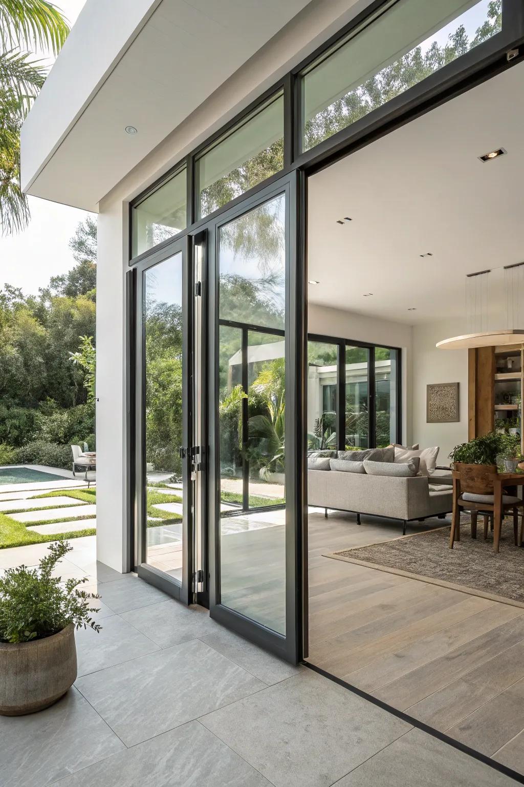 Pivot doors deliver a contemporary and chic entry to your patio.