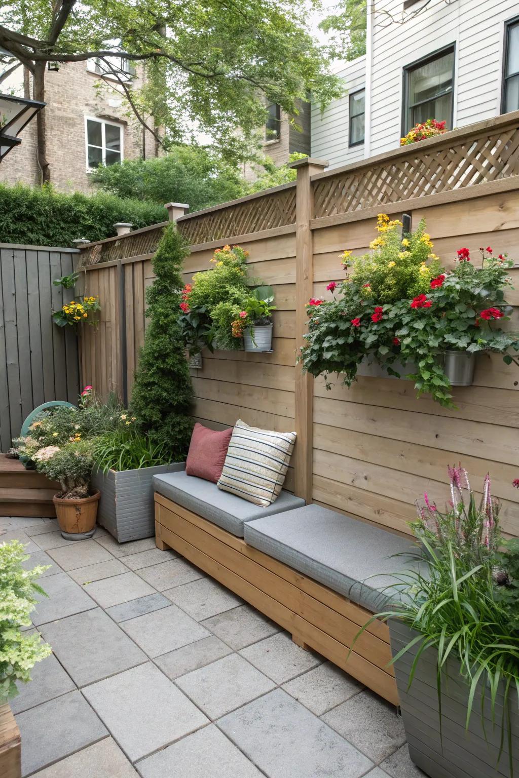 Integrated seating and plant containers enhance patio practicality.