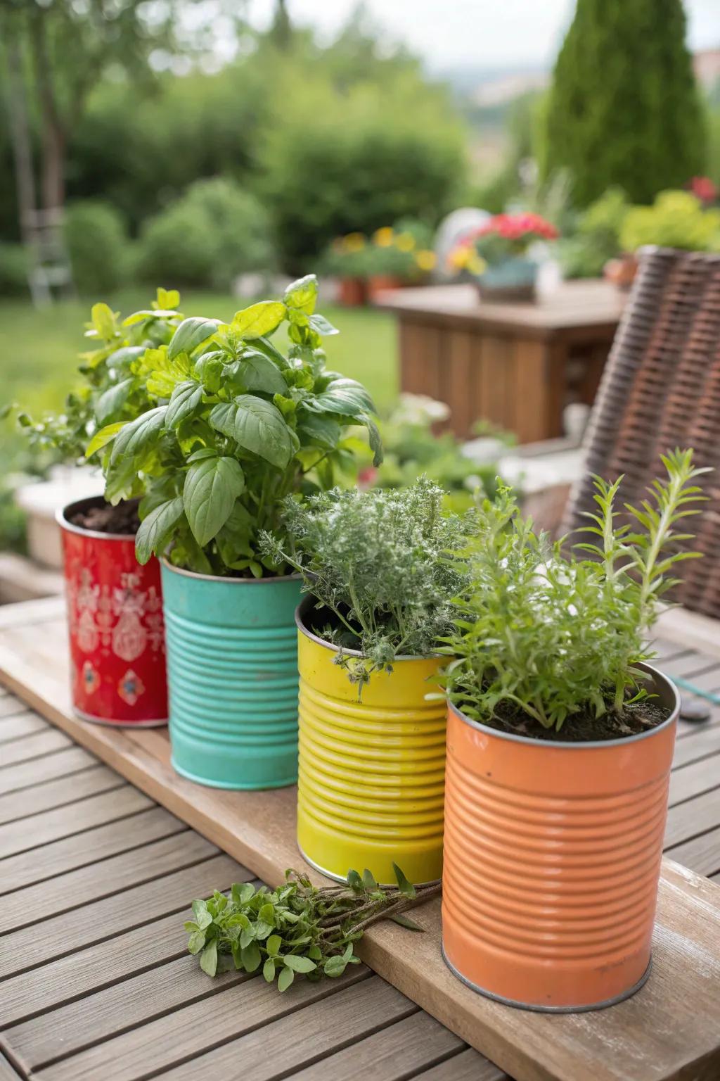 Repurposed painted tin containers holding herbs.