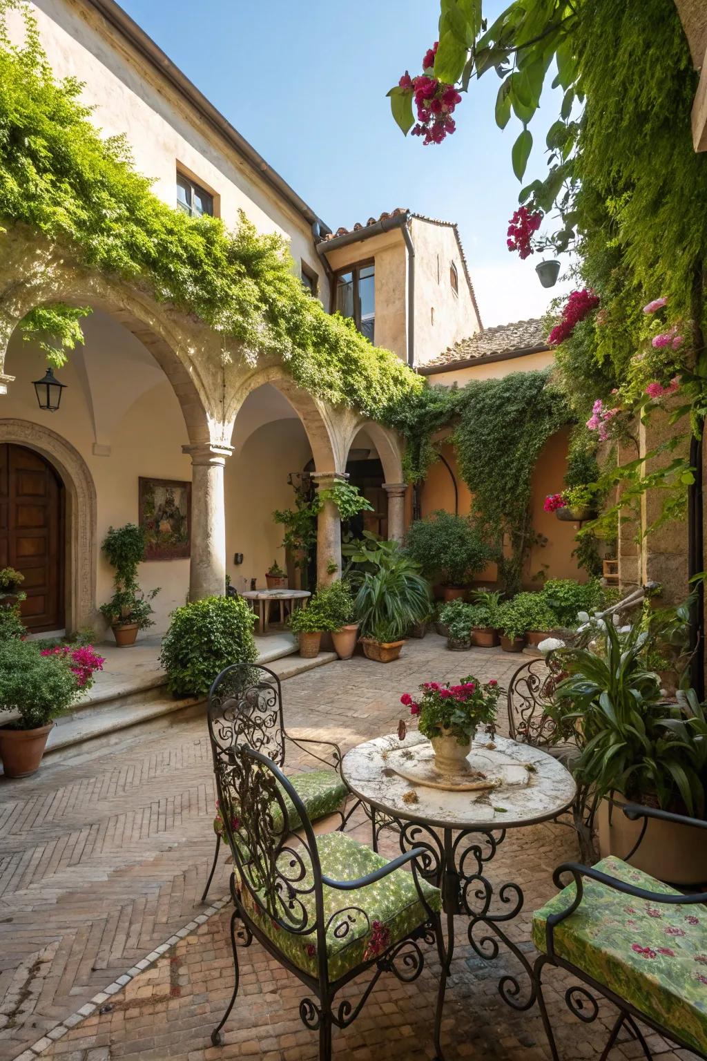 Wrought iron furniture adds refinement to this garden patio.