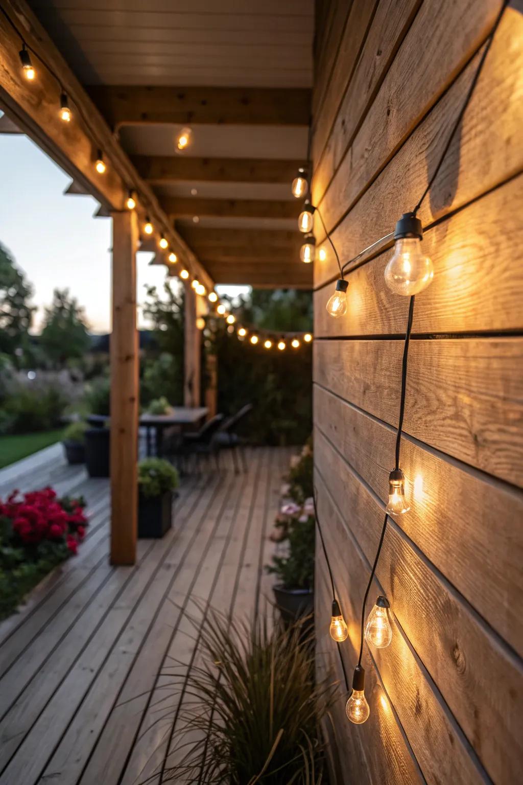 A wooden structure adorned with twinkle lights for a captivating nighttime radiance.