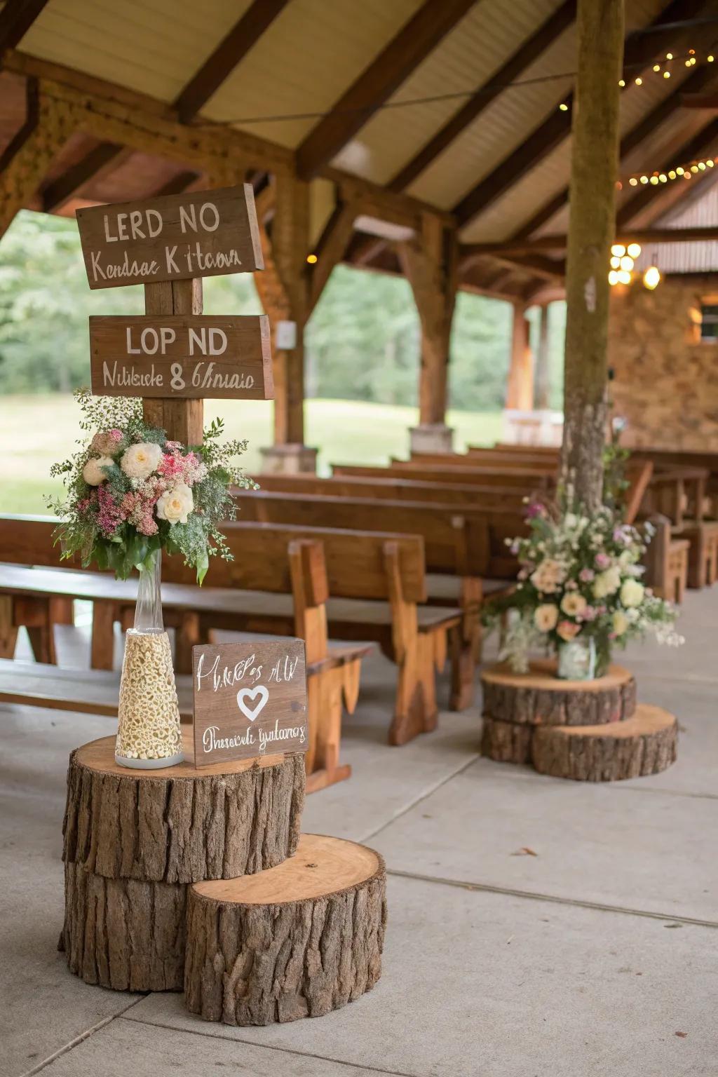 The pavilion setting is enhanced with warmth and charm by farmhouse timber pieces.