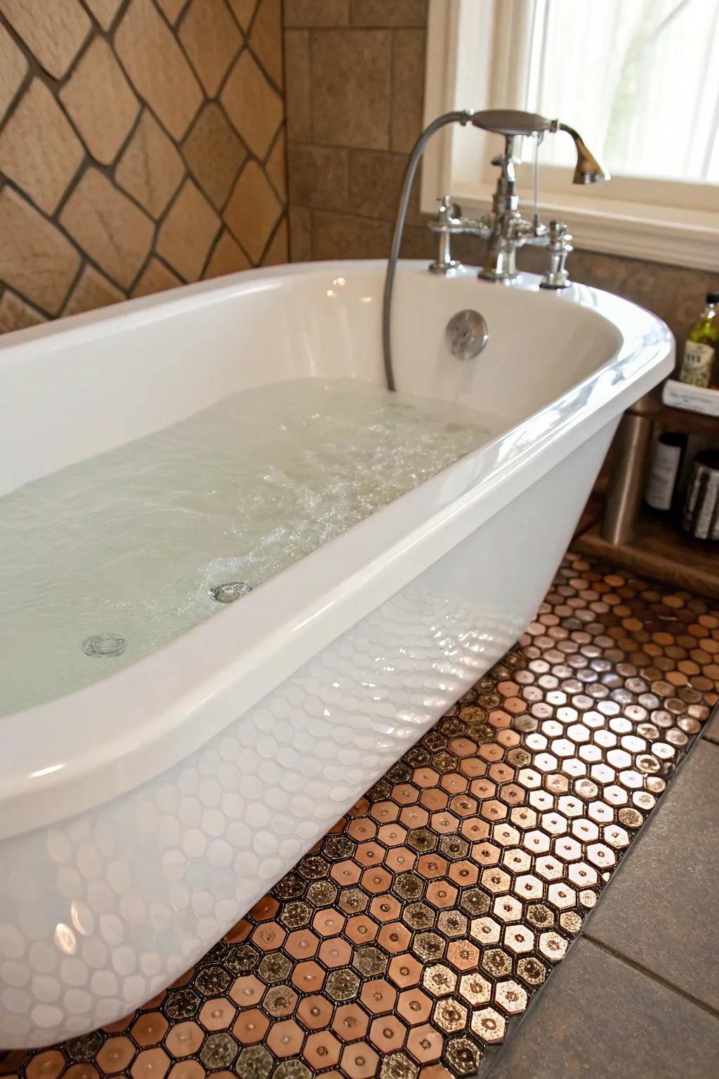 An opulent bathtub surrounded by refined penny tiles.