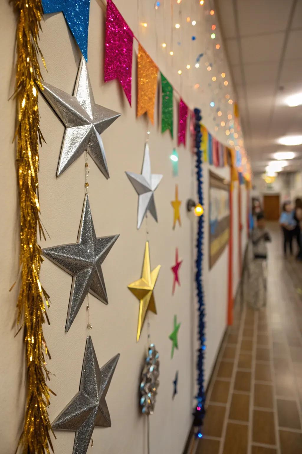 A wall decorated with metallic stars, introducing a glamorous and celebratory element.