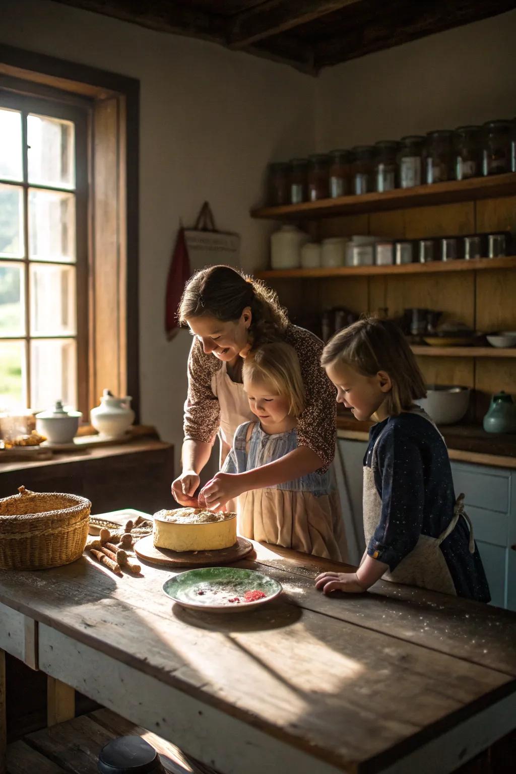 A family enjoying baking together in a cozy kitchen.