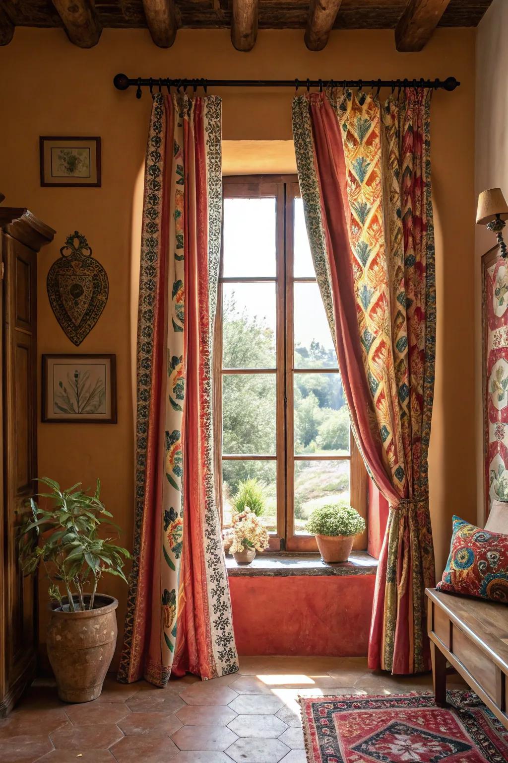 Striking patterned curtains make a bold statement on a picture window in a lively setting.