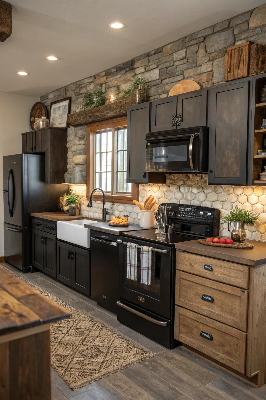 A homestead cooking area with a modern twist using graphite appliances.