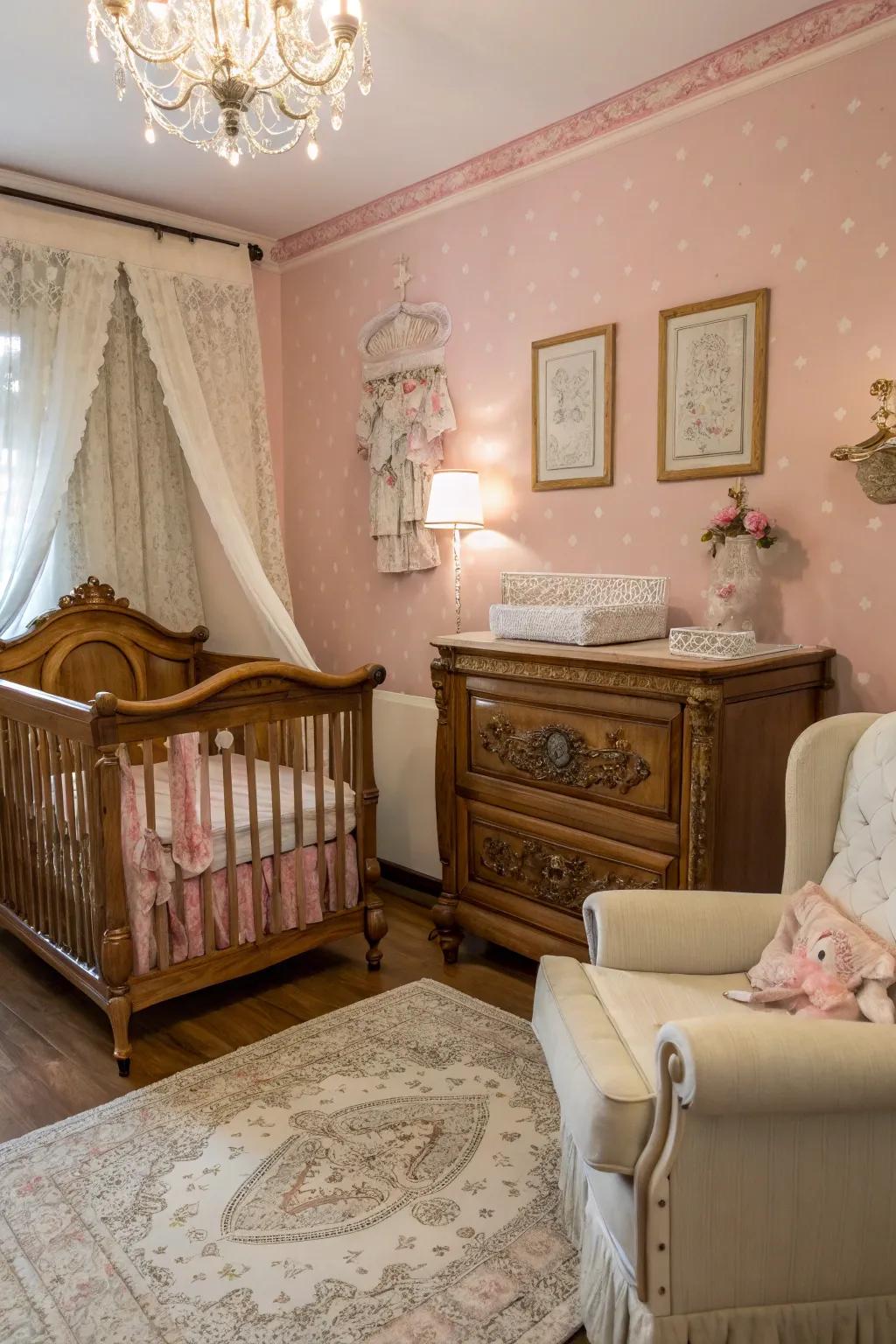 A nursery interweaving time-honored charisma with a rose-tinted wall.