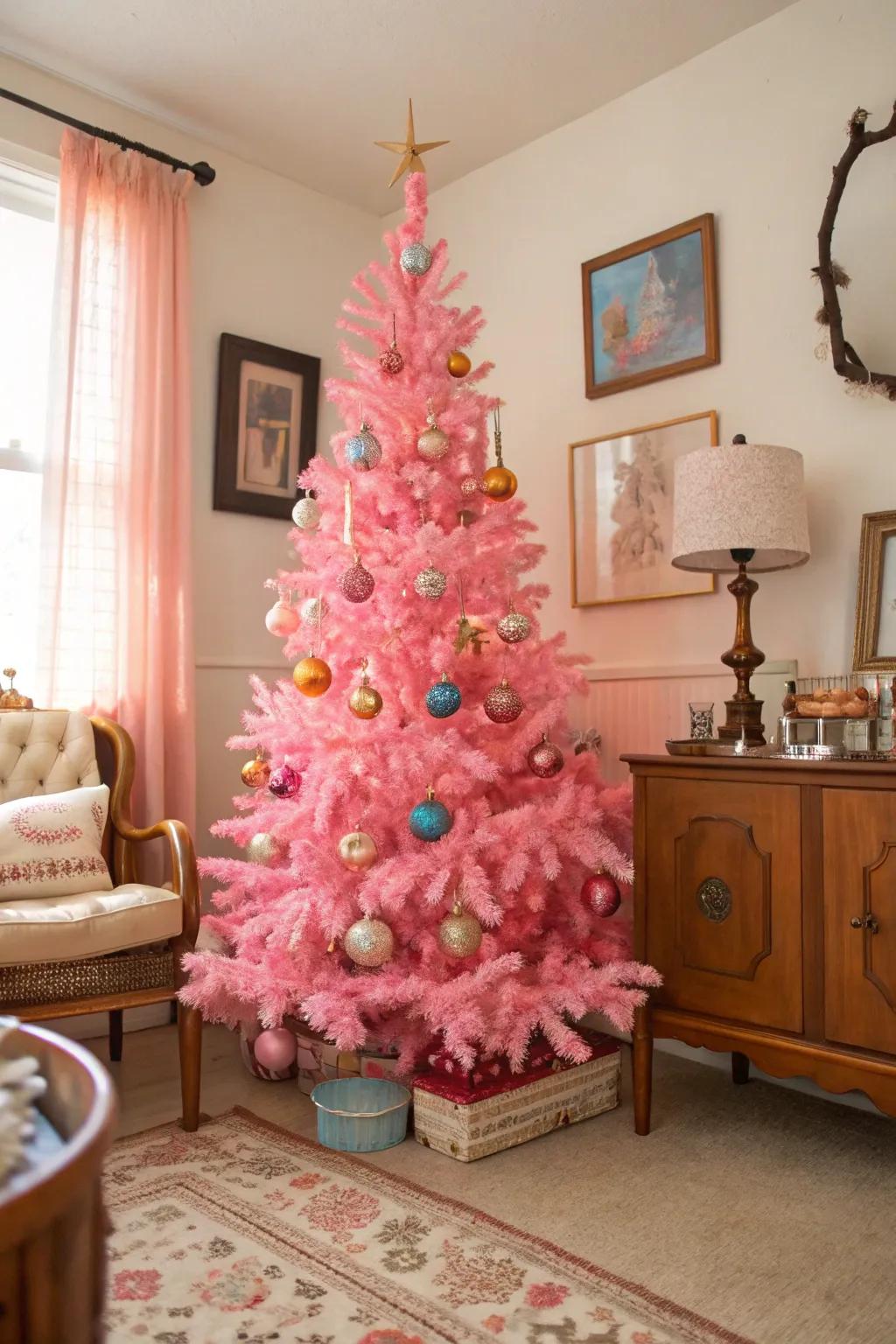 Classic ornaments bestow a delightful nostalgic vibe to this pink tree.
