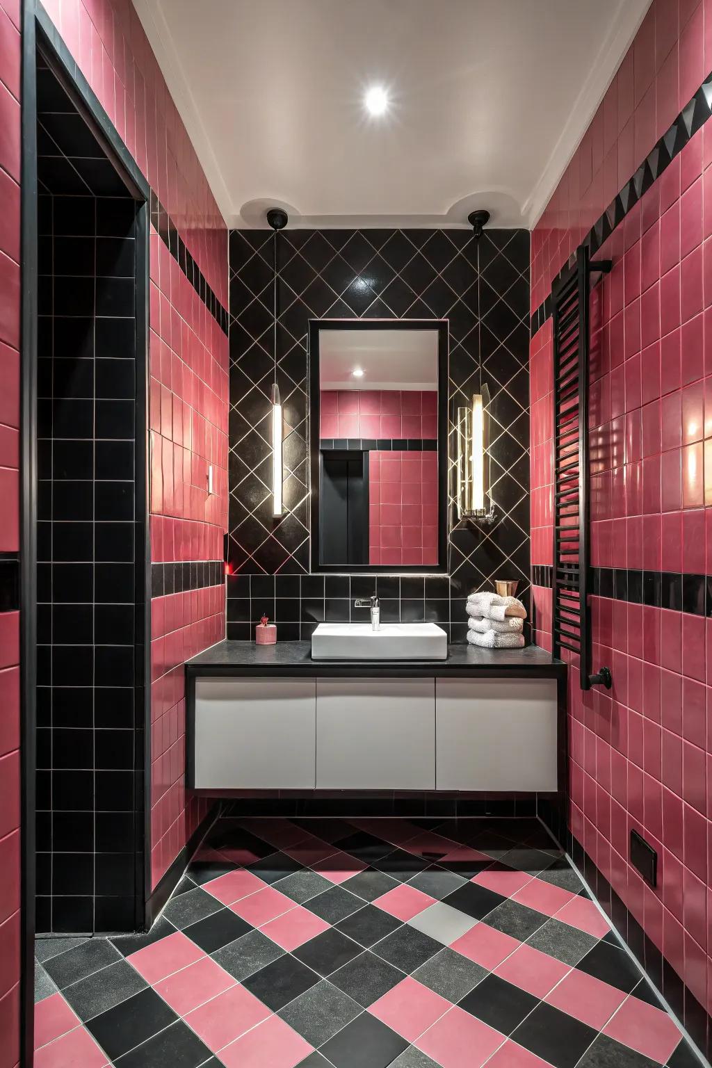 A bold contrast of pink and dark tiles in a striking bathroom design.