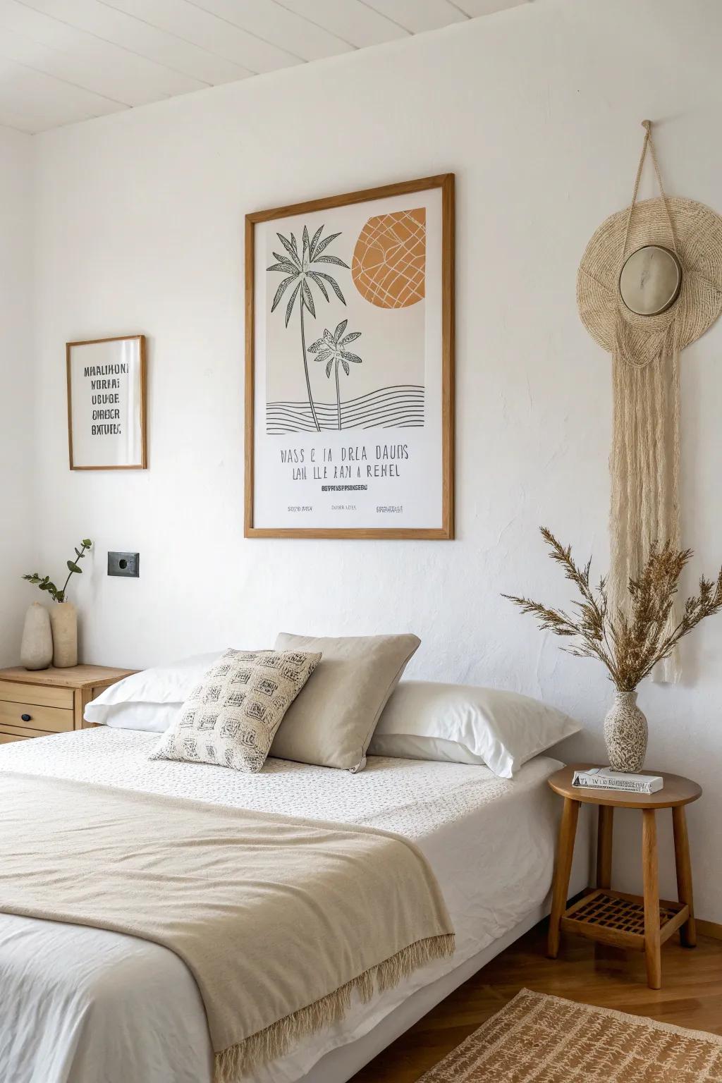 A minimalist design wall art creating a calming effect in a serene bedroom.