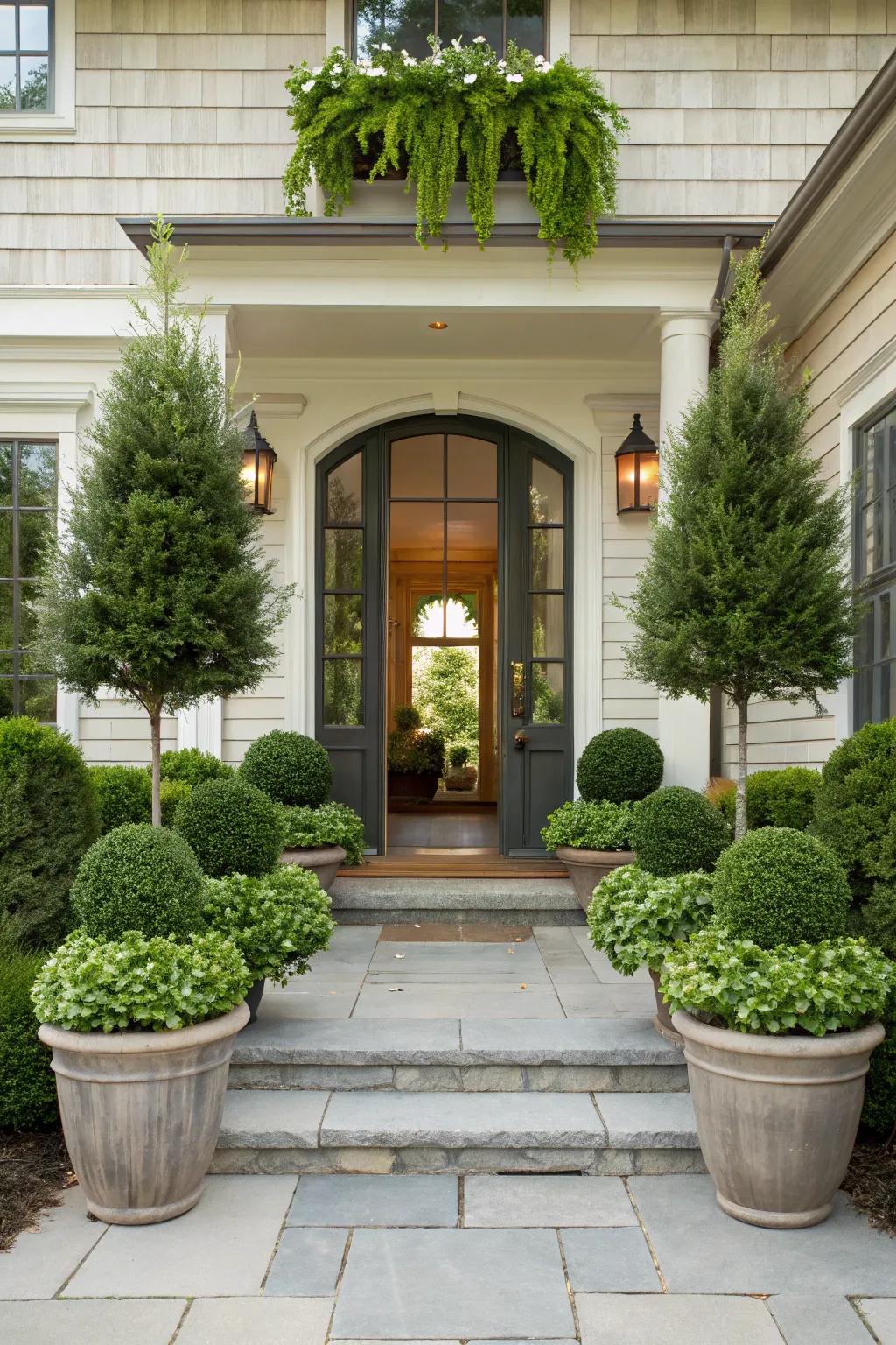 Symmetrical plant designs frame the entrance beautifully.