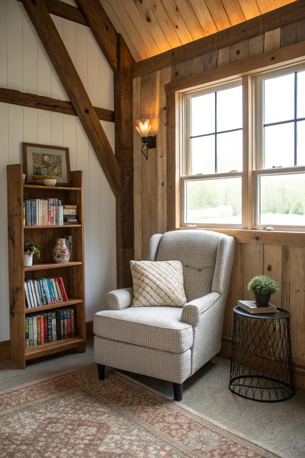 A tranquil nook in a pole barn, complete with a cozy chair and bookshelf.