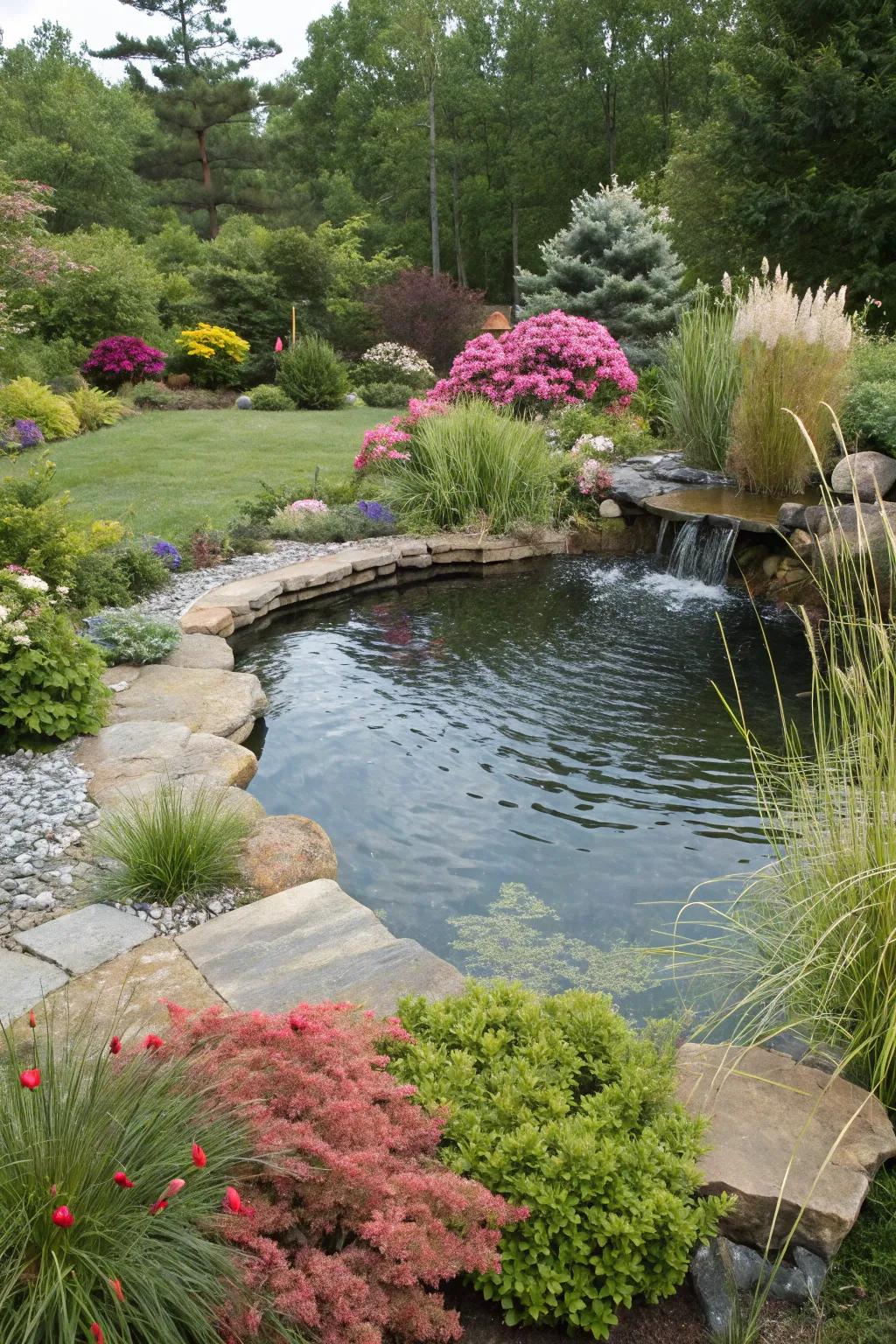 A backyard pond embraced by rich and varied landscaping.