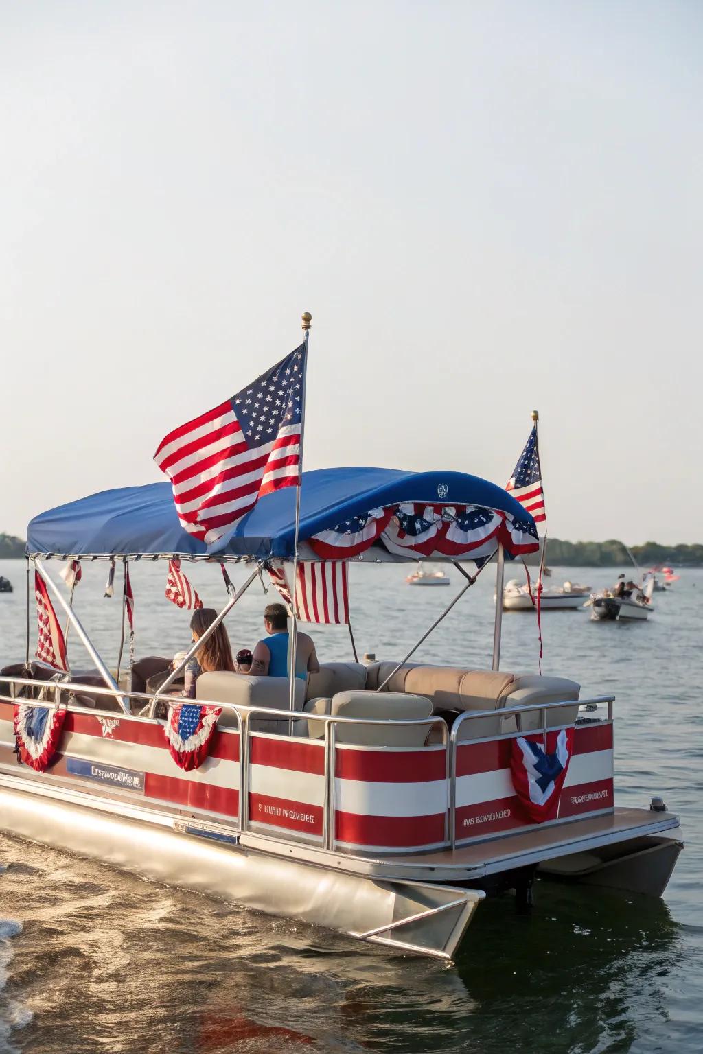 A patriotic-themed pontoon boat decorated with flags and national colors.