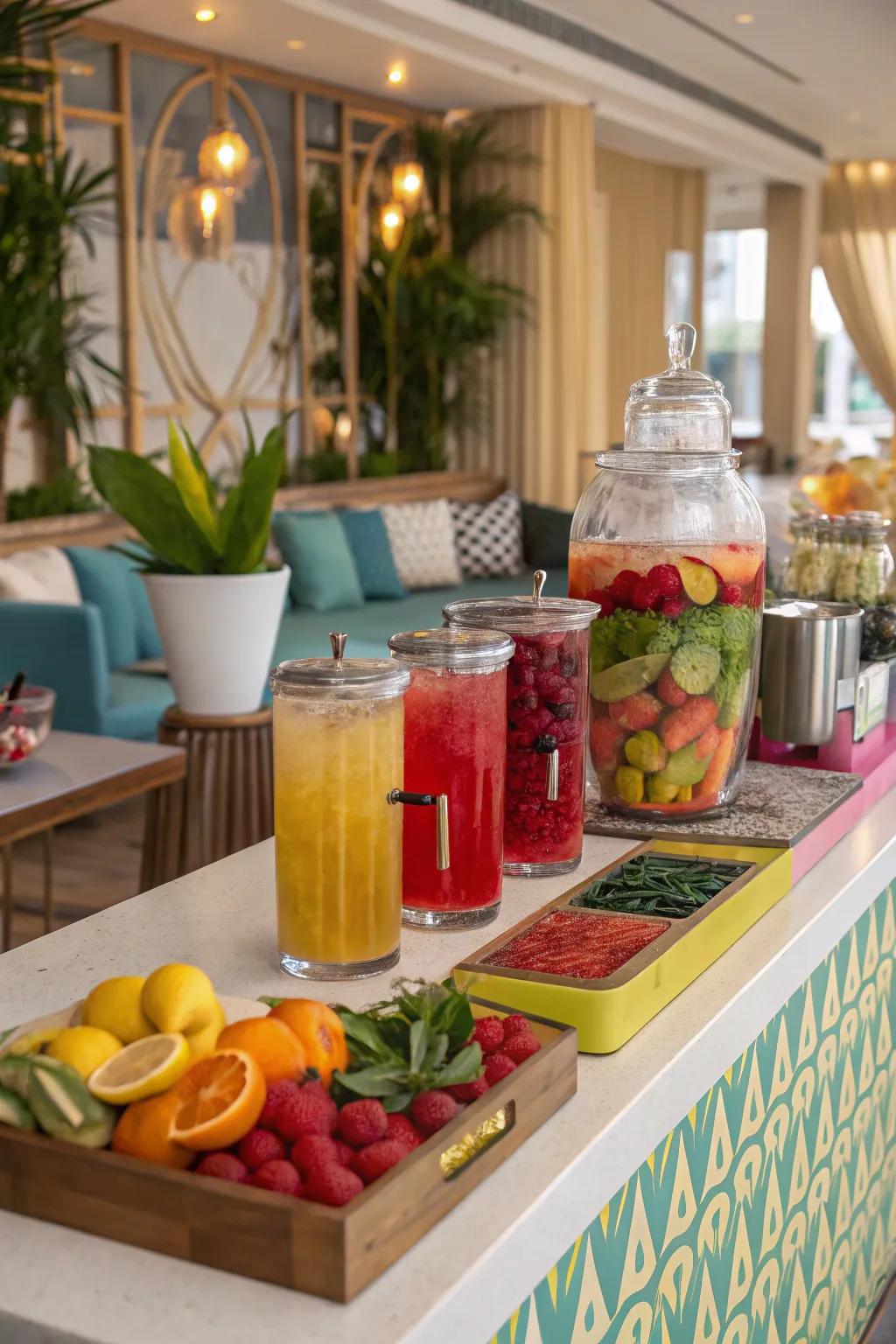 An invigoration station featuring infused waters and non-alcoholic cocktails for attendees.