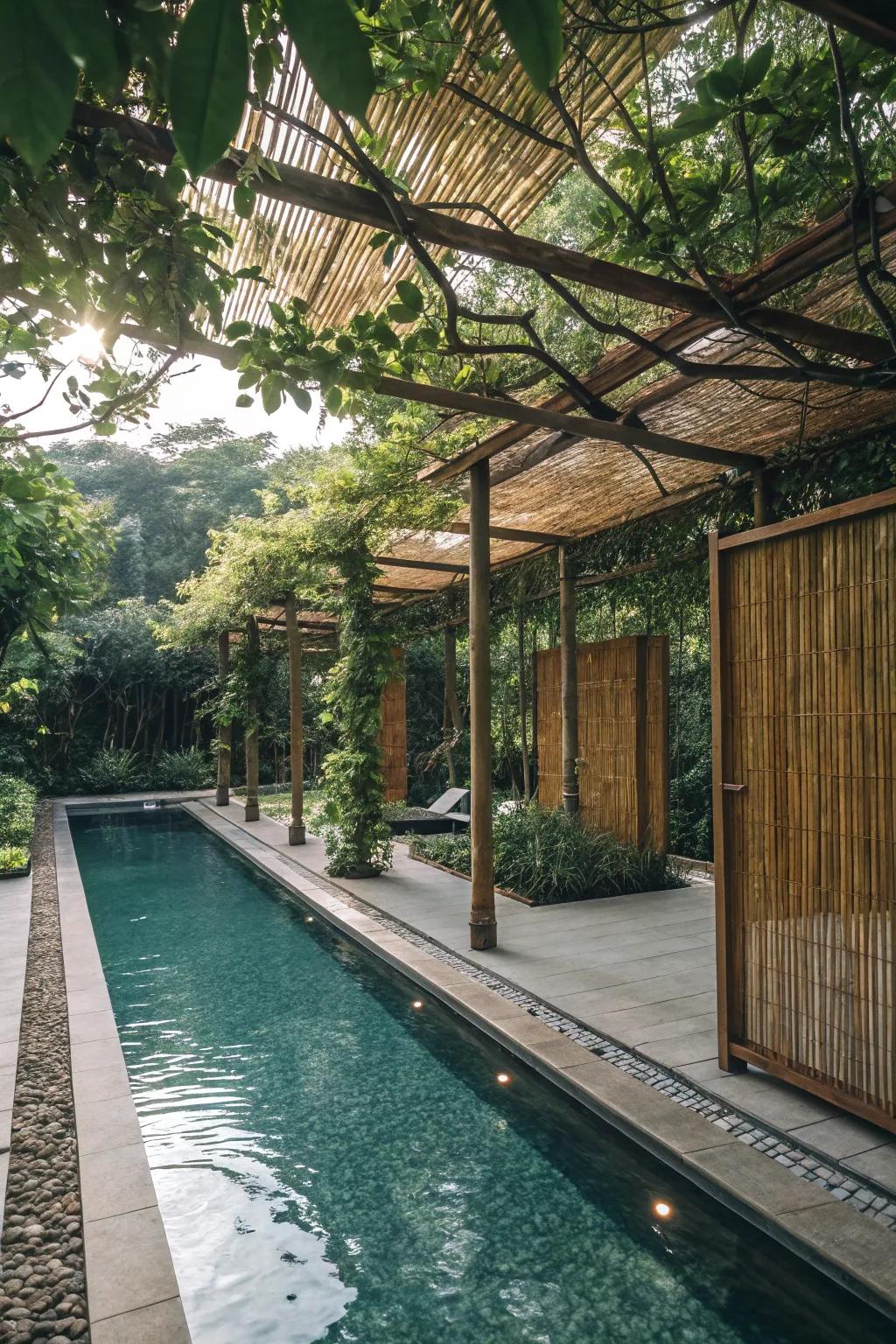 Natural elements bringing tranquility and shade to poolside spaces.