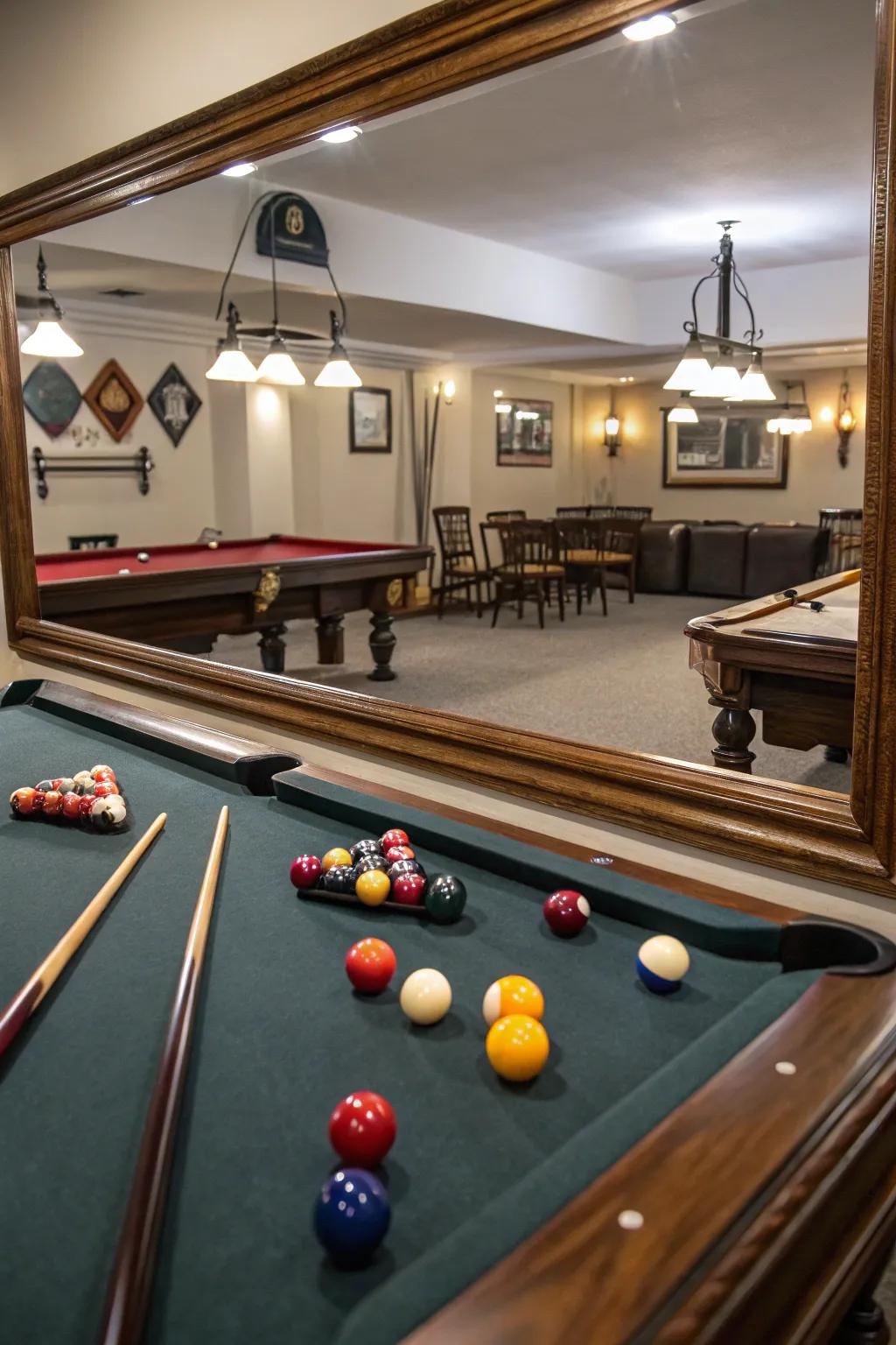 Mirrors increase depth and light, making the small pool room seem larger.
