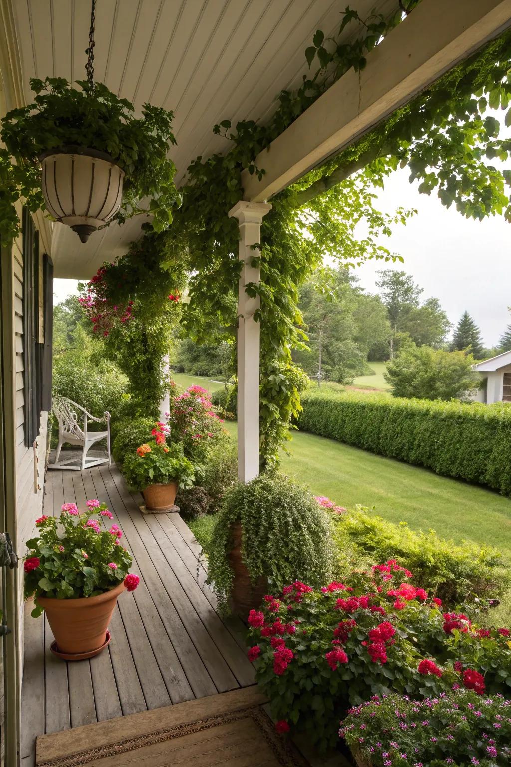 A porch extension with lush greenery and plant displays.