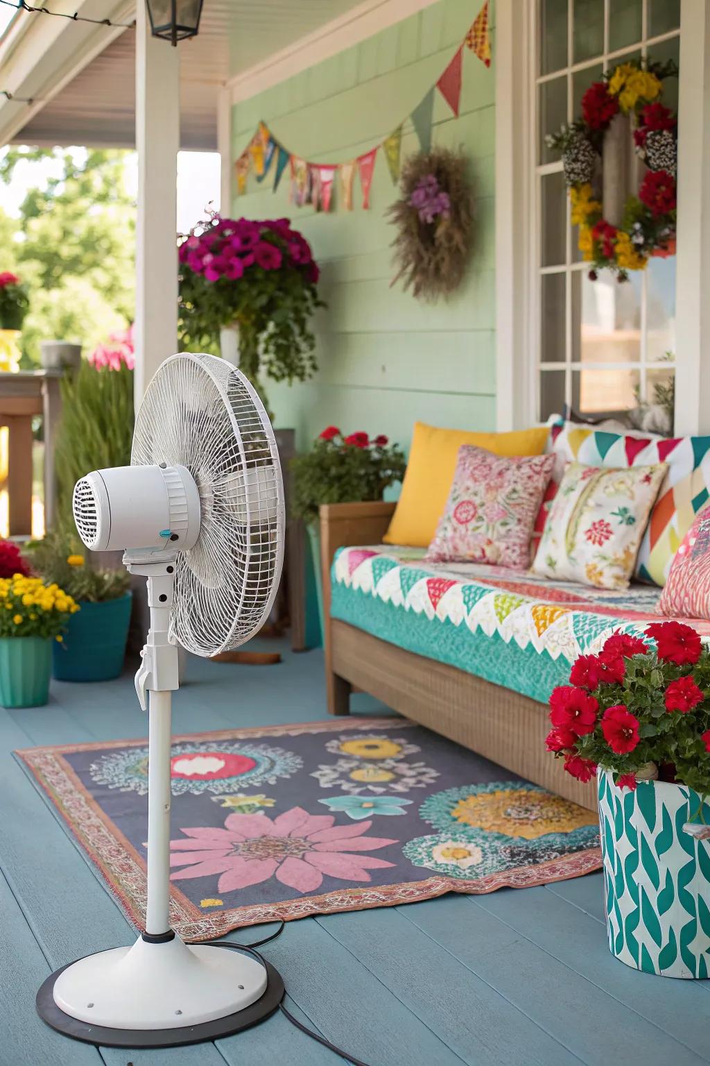 A mobile standing air circulator provides adaptable cooling on this lively porch.